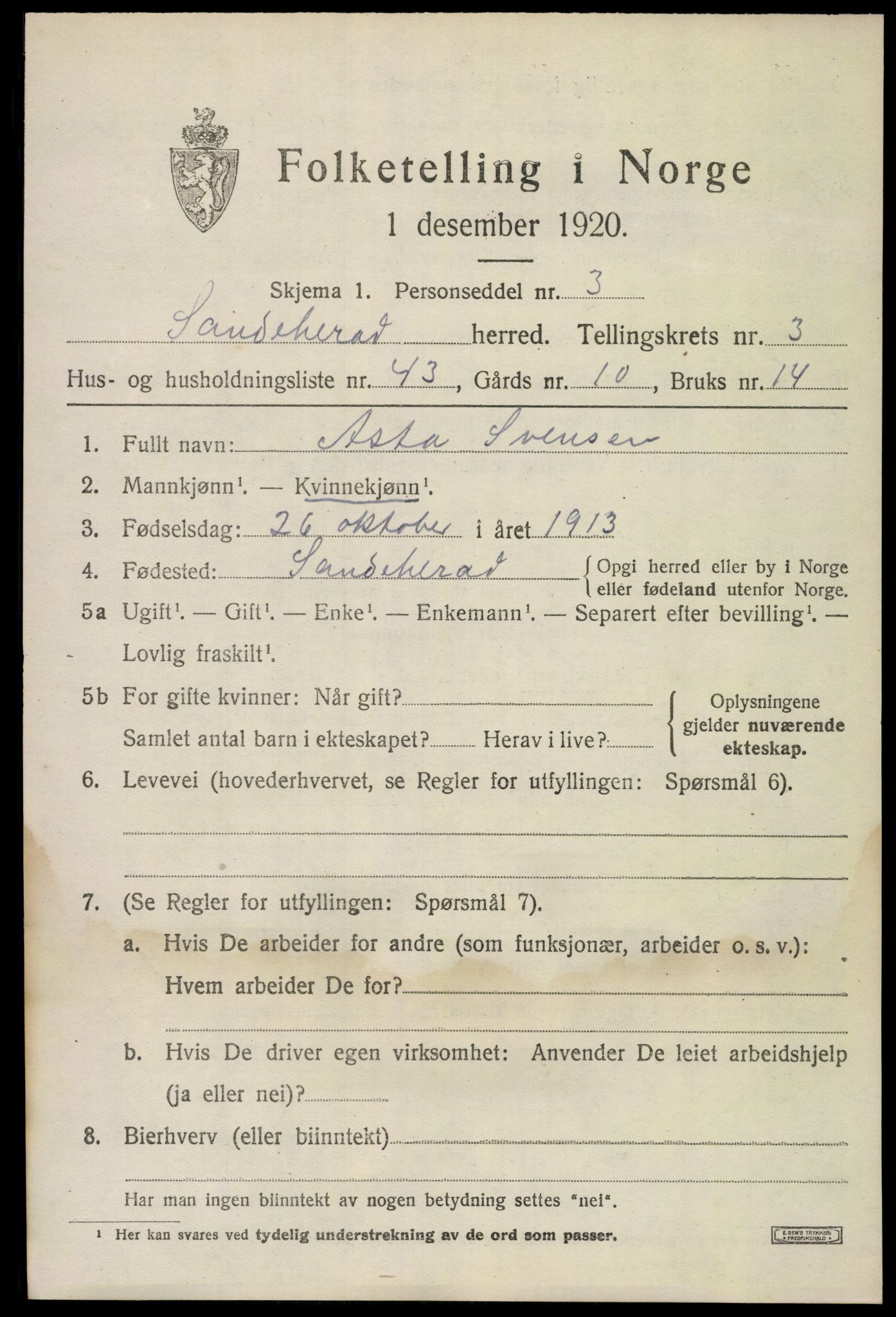 SAKO, 1920 census for Sandeherred, 1920, p. 5618