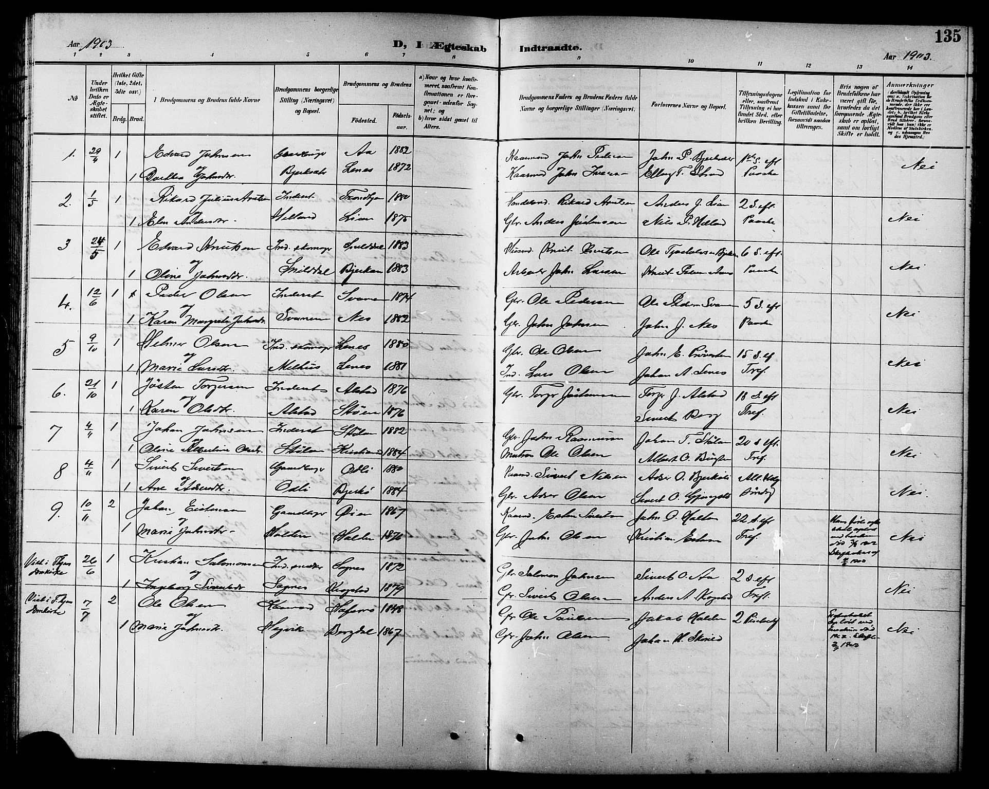 Ministerialprotokoller, klokkerbøker og fødselsregistre - Sør-Trøndelag, AV/SAT-A-1456/630/L0505: Parish register (copy) no. 630C03, 1899-1914, p. 135