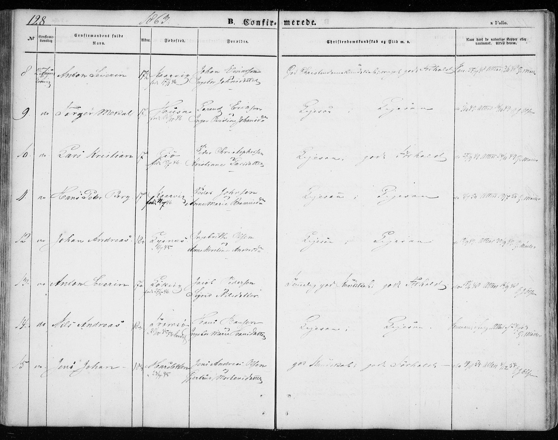 Lenvik sokneprestembete, SATØ/S-1310/H/Ha/Haa/L0007kirke: Parish register (official) no. 7, 1855-1865, p. 128