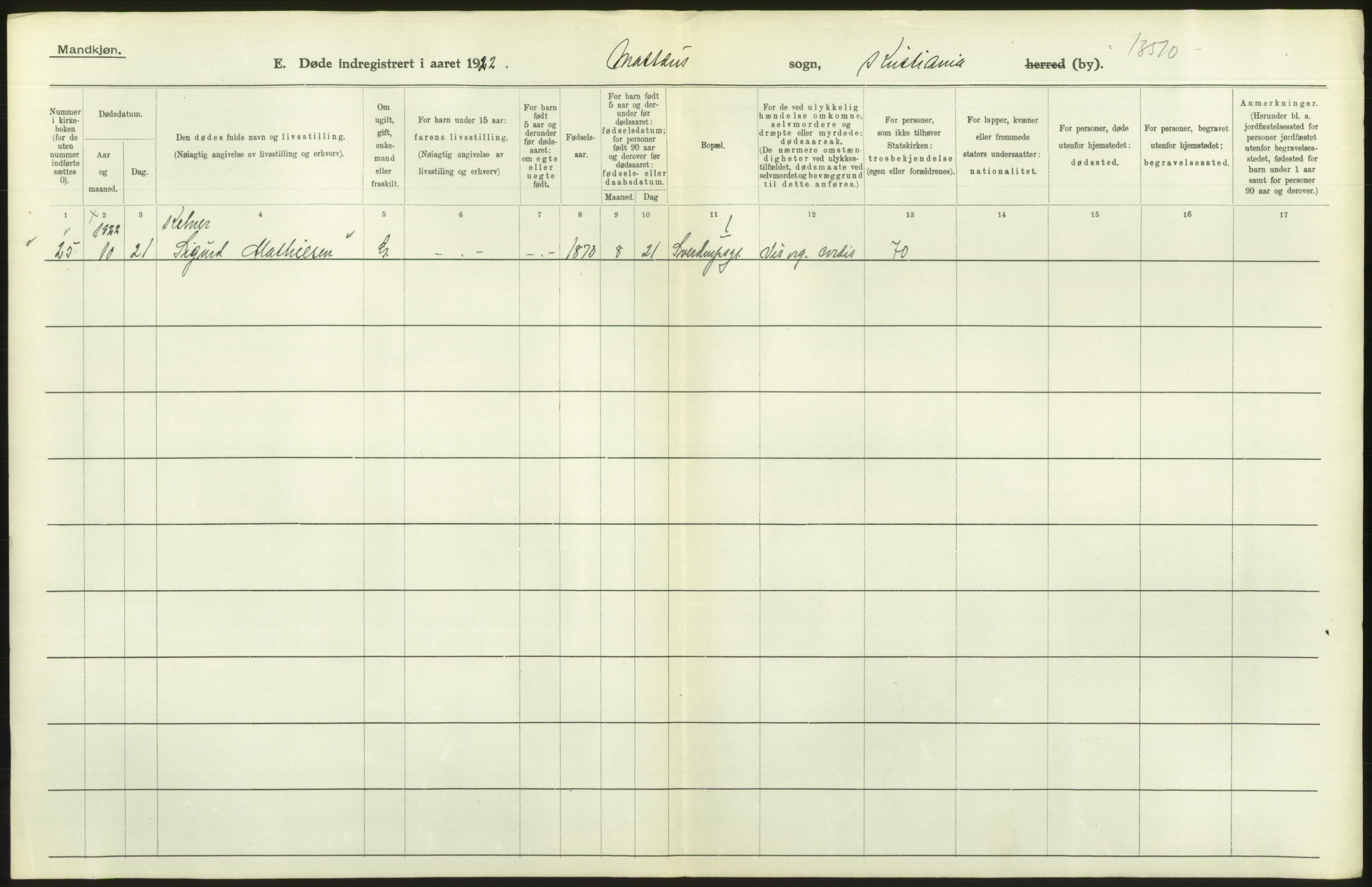 Statistisk sentralbyrå, Sosiodemografiske emner, Befolkning, AV/RA-S-2228/D/Df/Dfc/Dfcb/L0010: Kristiania: Døde, dødfødte, 1922, p. 170