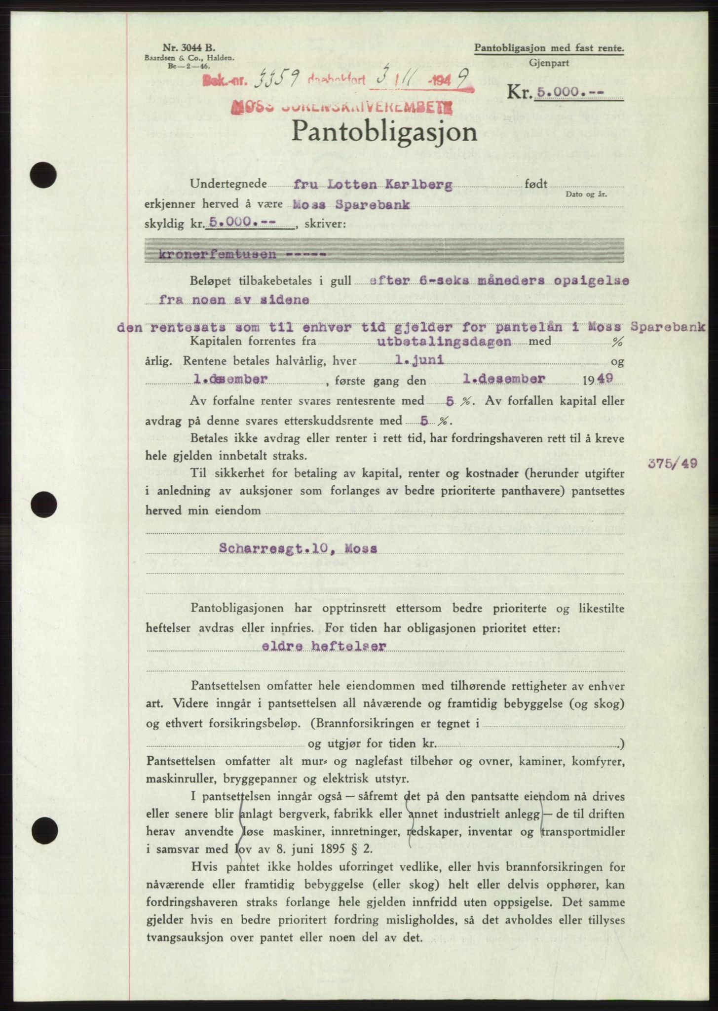 Moss sorenskriveri, SAO/A-10168: Mortgage book no. B23, 1949-1950, Diary no: : 3359/1949