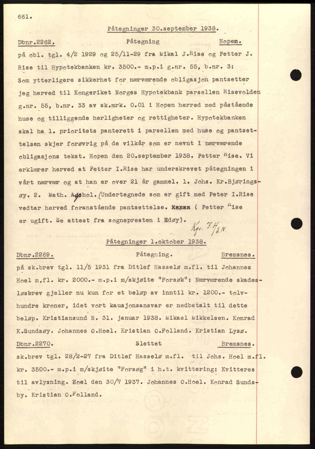 Nordmøre sorenskriveri, AV/SAT-A-4132/1/2/2Ca: Mortgage book no. C80, 1936-1939, Diary no: : 2262/1938