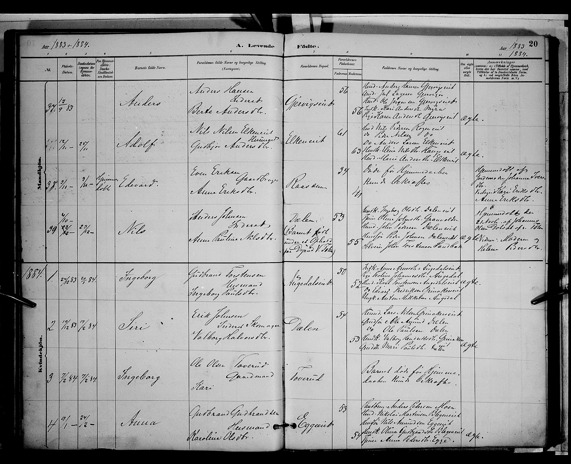 Gran prestekontor, SAH/PREST-112/H/Ha/Hab/L0003: Parish register (copy) no. 3, 1882-1890, p. 20