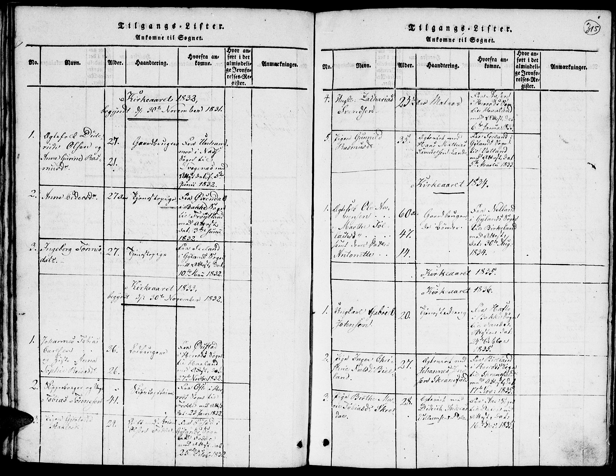 Kvinesdal sokneprestkontor, SAK/1111-0026/F/Fa/Faa/L0001: Parish register (official) no. A 1, 1815-1849, p. 315