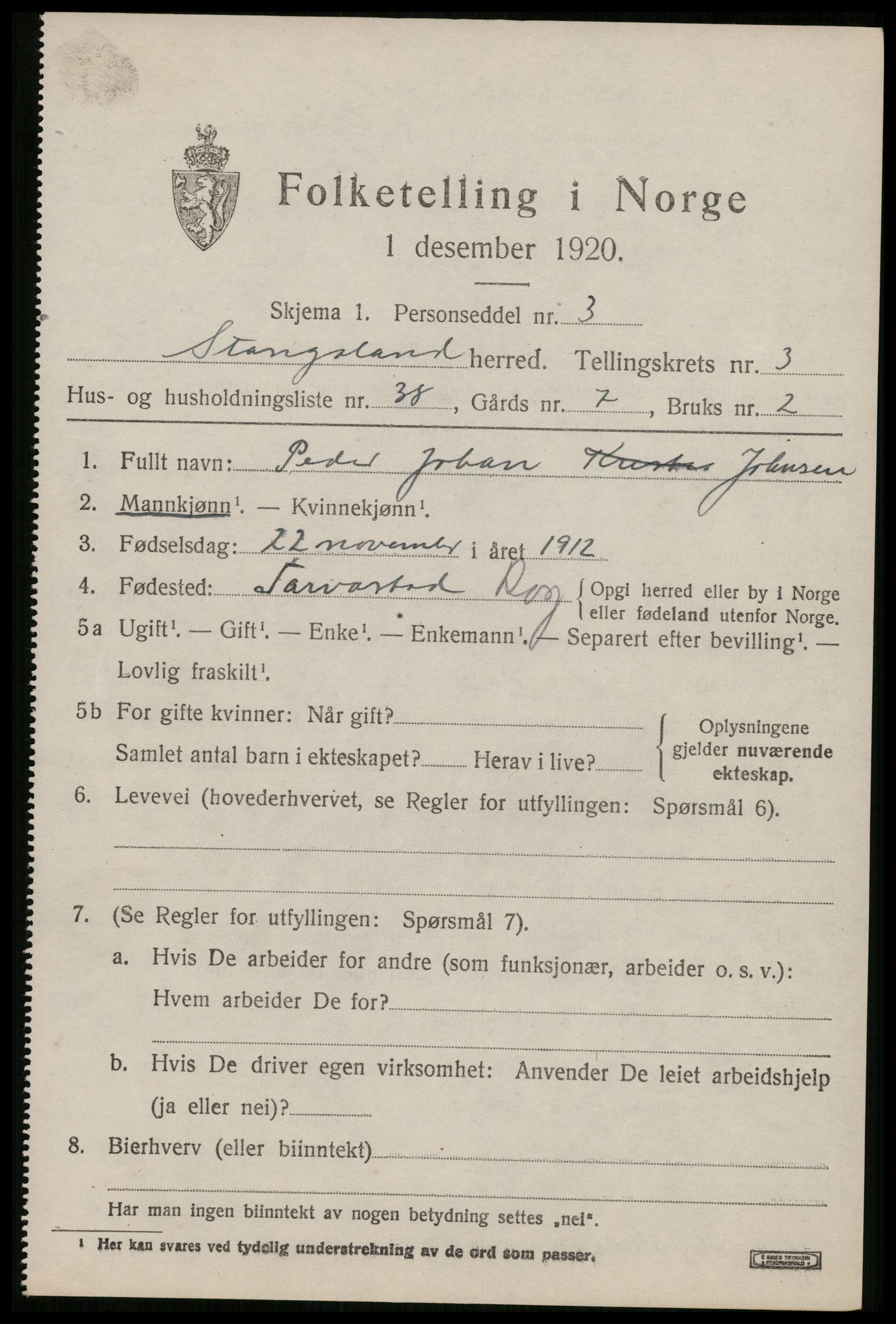 SAST, 1920 census for Stangaland, 1920, p. 2759