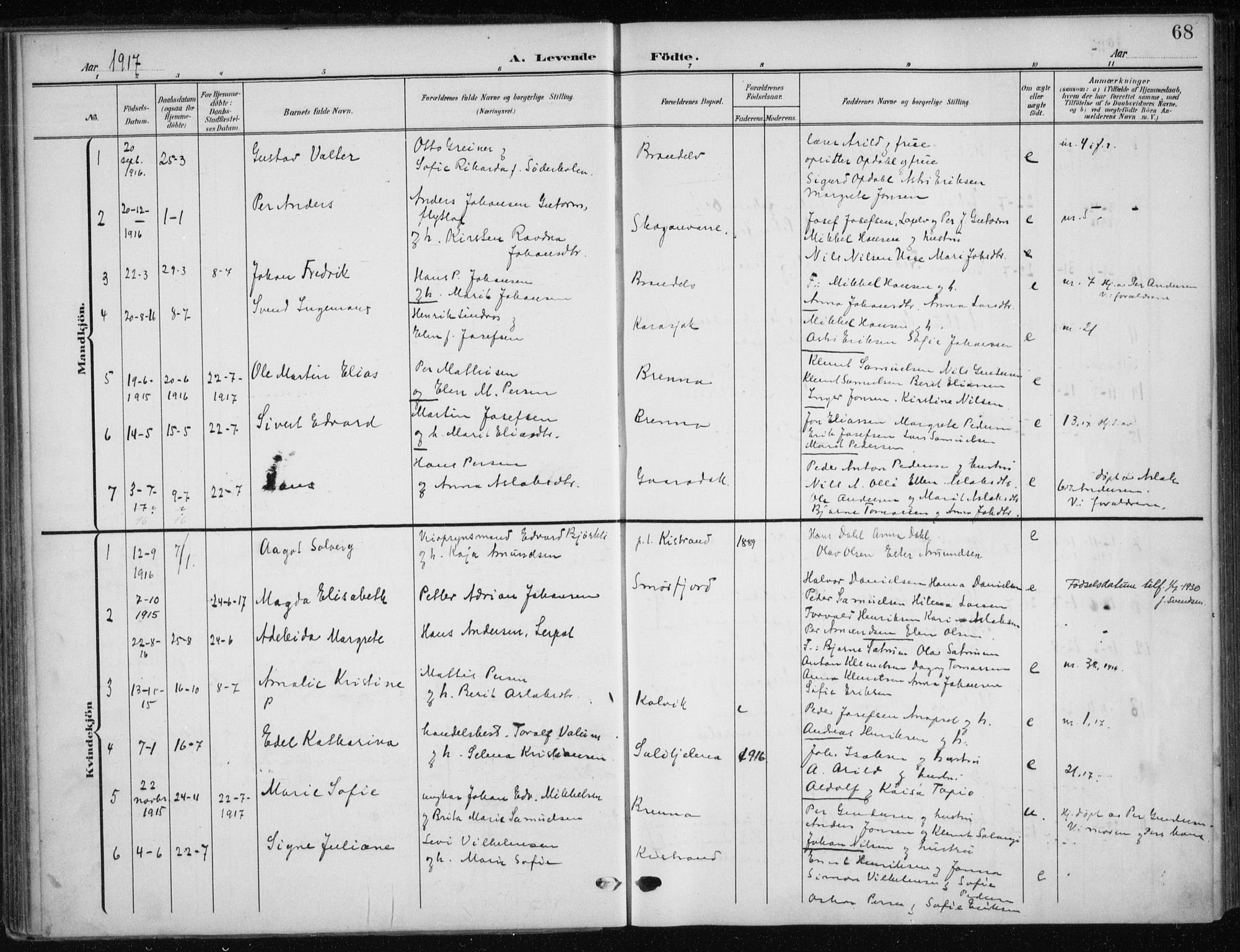 Kistrand/Porsanger sokneprestembete, AV/SATØ-S-1351/H/Ha/L0014.kirke: Parish register (official) no. 14, 1908-1917, p. 68