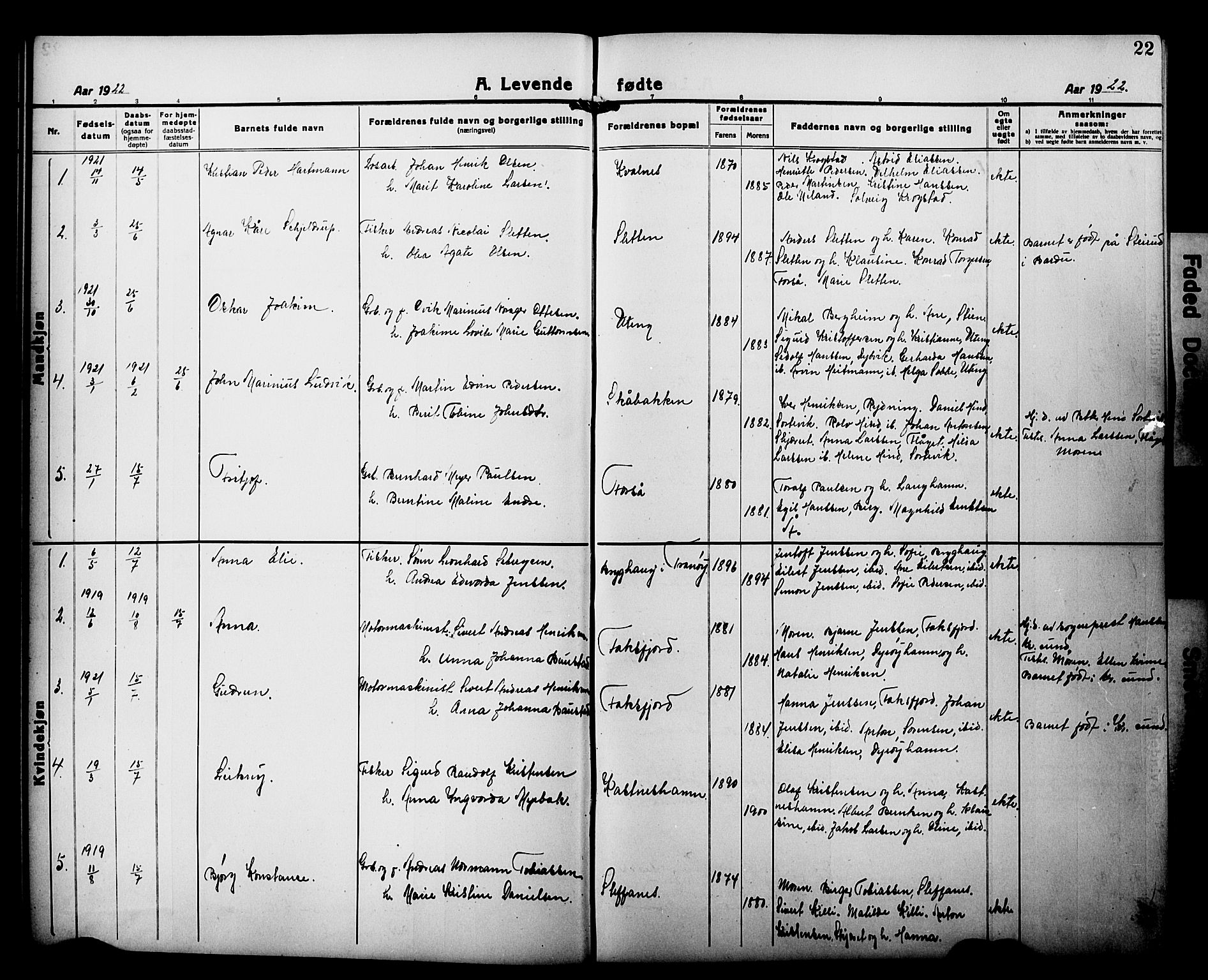 Tranøy sokneprestkontor, SATØ/S-1313/I/Ia/Iab/L0015klokker: Parish register (copy) no. 15, 1918-1930, p. 22