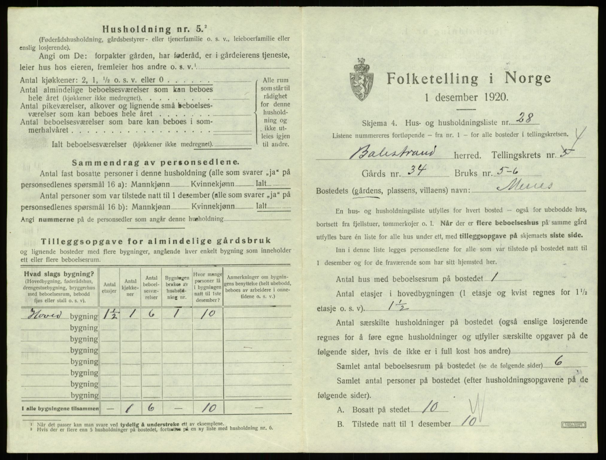 SAB, 1920 census for Balestrand, 1920, p. 336