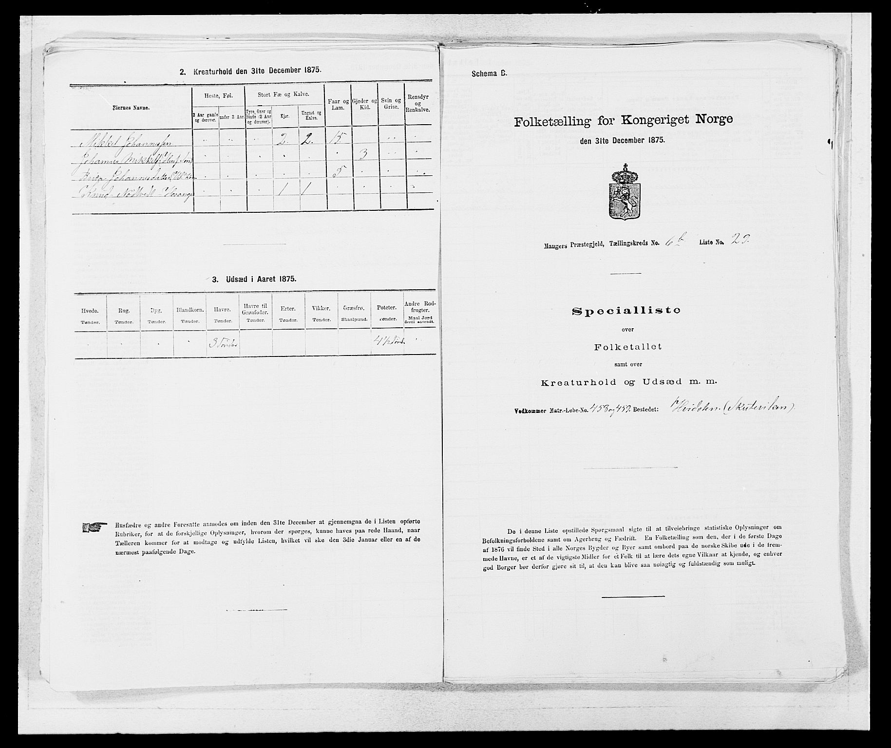 SAB, 1875 census for 1261P Manger, 1875, p. 934