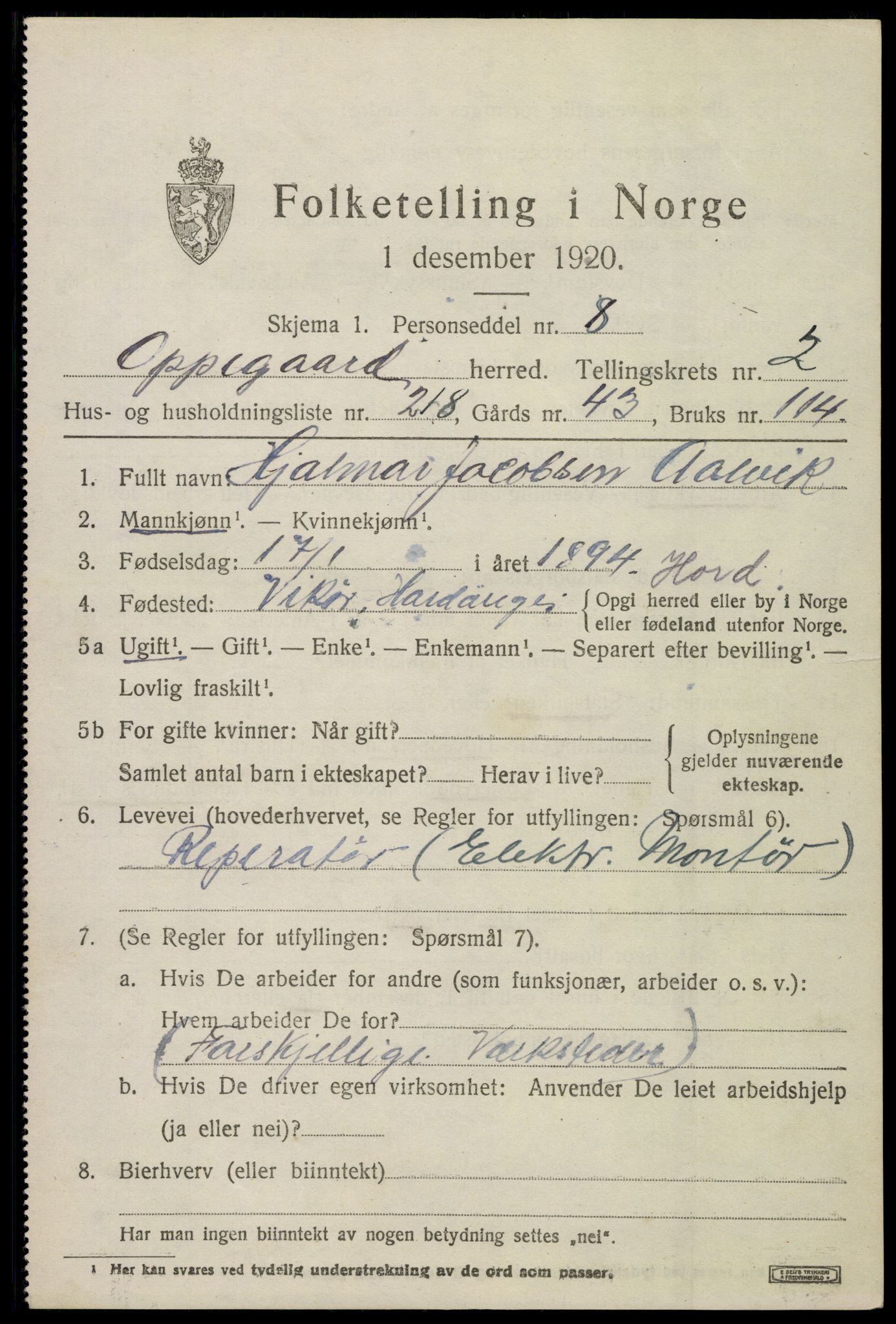 SAO, 1920 census for Oppegård, 1920, p. 4687