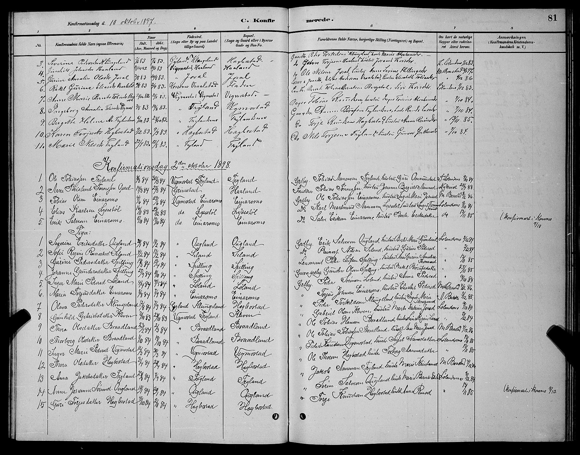 Nord-Audnedal sokneprestkontor, AV/SAK-1111-0032/F/Fb/Fbb/L0003: Parish register (copy) no. B 3, 1882-1900, p. 81