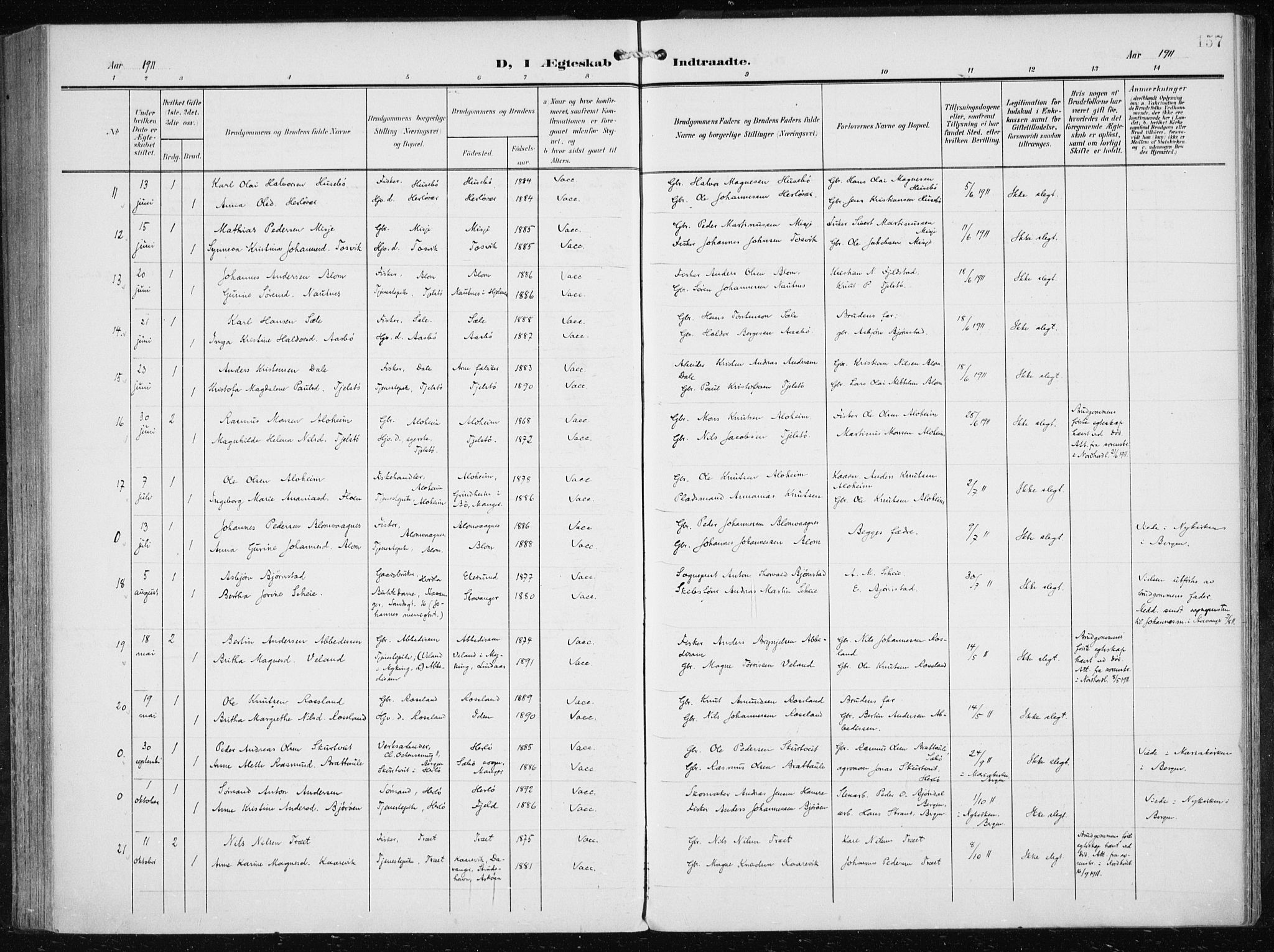 Herdla Sokneprestembete, SAB/A-75701/H/Haa: Parish register (official) no. A 5, 1905-1918, p. 157