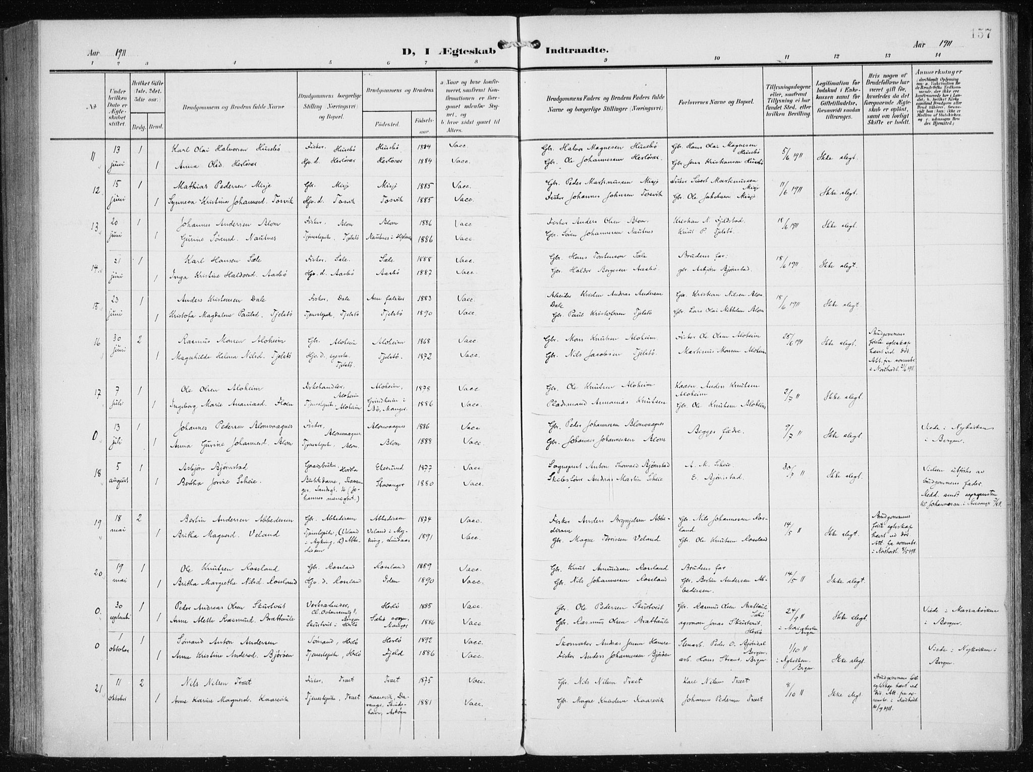 Herdla Sokneprestembete, AV/SAB-A-75701/H/Haa: Parish register (official) no. A 5, 1905-1918, p. 157