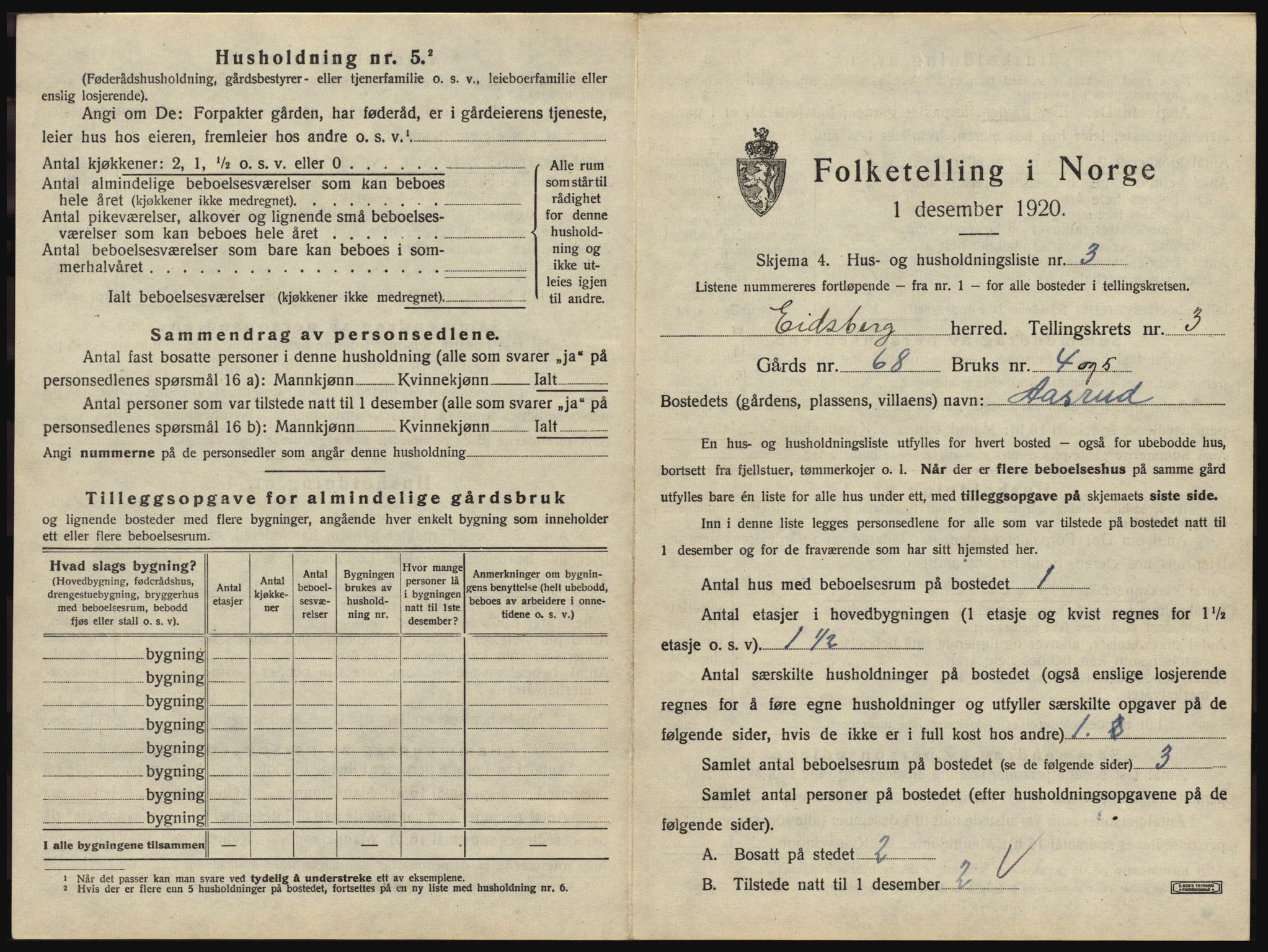 SAO, 1920 census for Eidsberg, 1920, p. 415