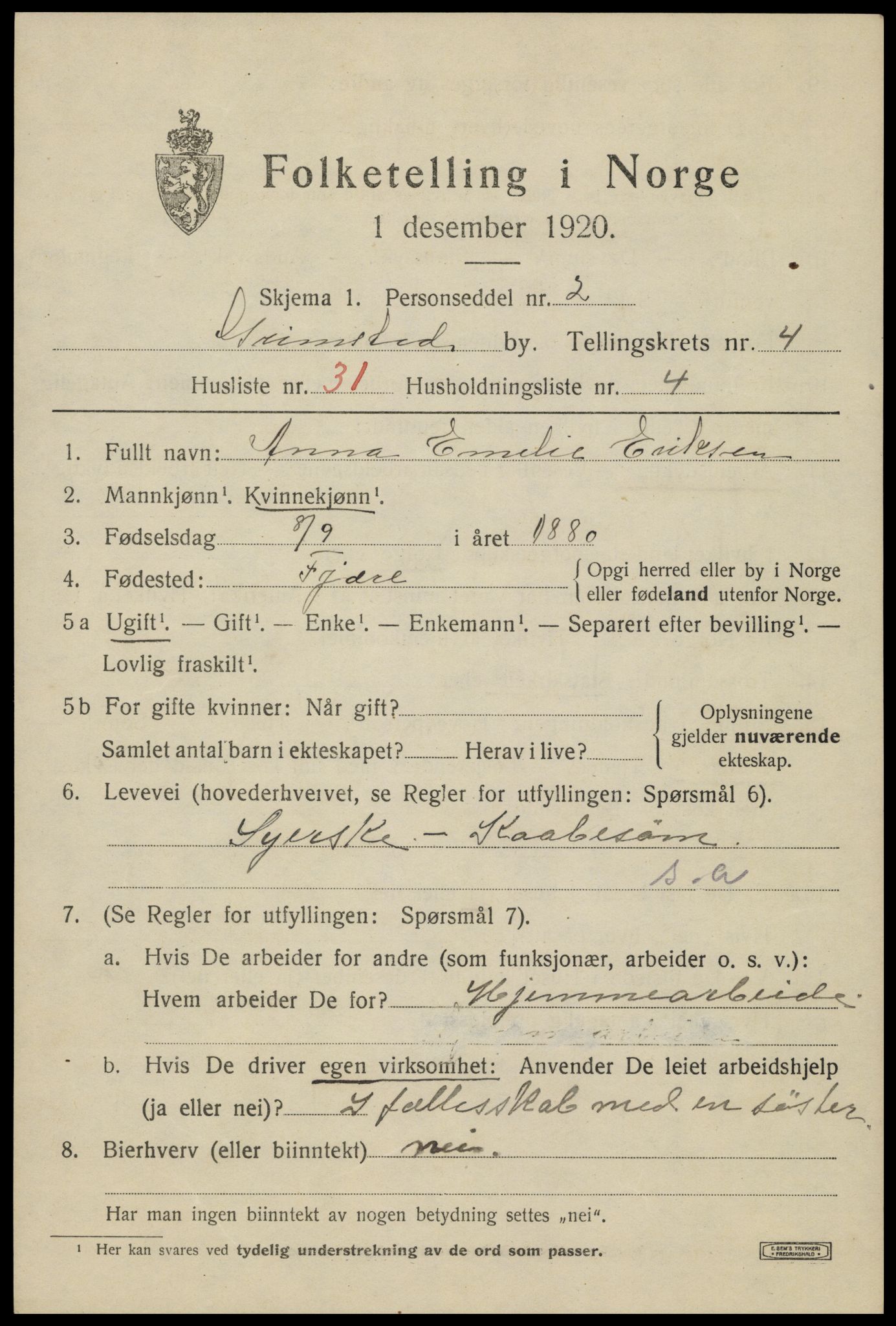 SAK, 1920 census for Grimstad, 1920, p. 5831