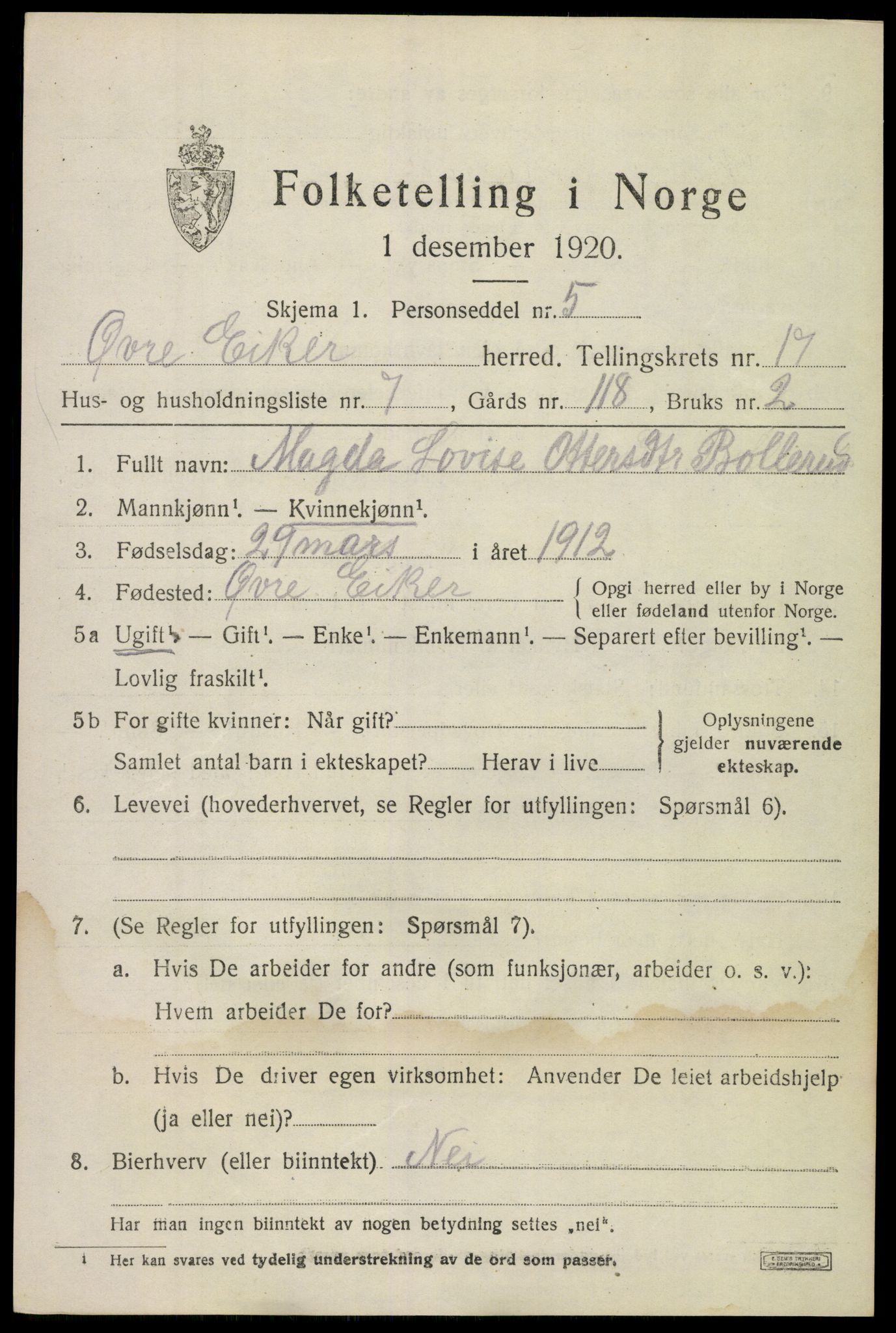 SAKO, 1920 census for Øvre Eiker, 1920, p. 21414