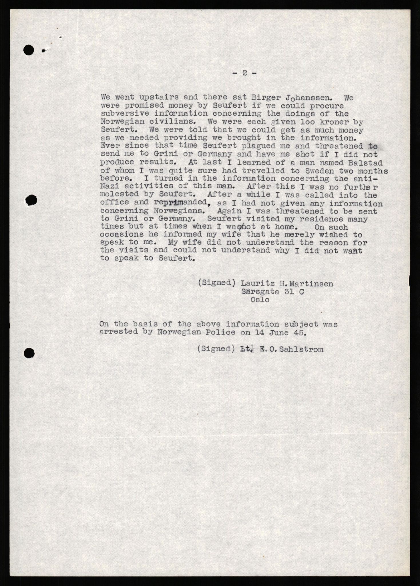 Forsvaret, Forsvarets overkommando II, AV/RA-RAFA-3915/D/Db/L0032: CI Questionaires. Tyske okkupasjonsstyrker i Norge. Tyskere., 1945-1946, p. 47