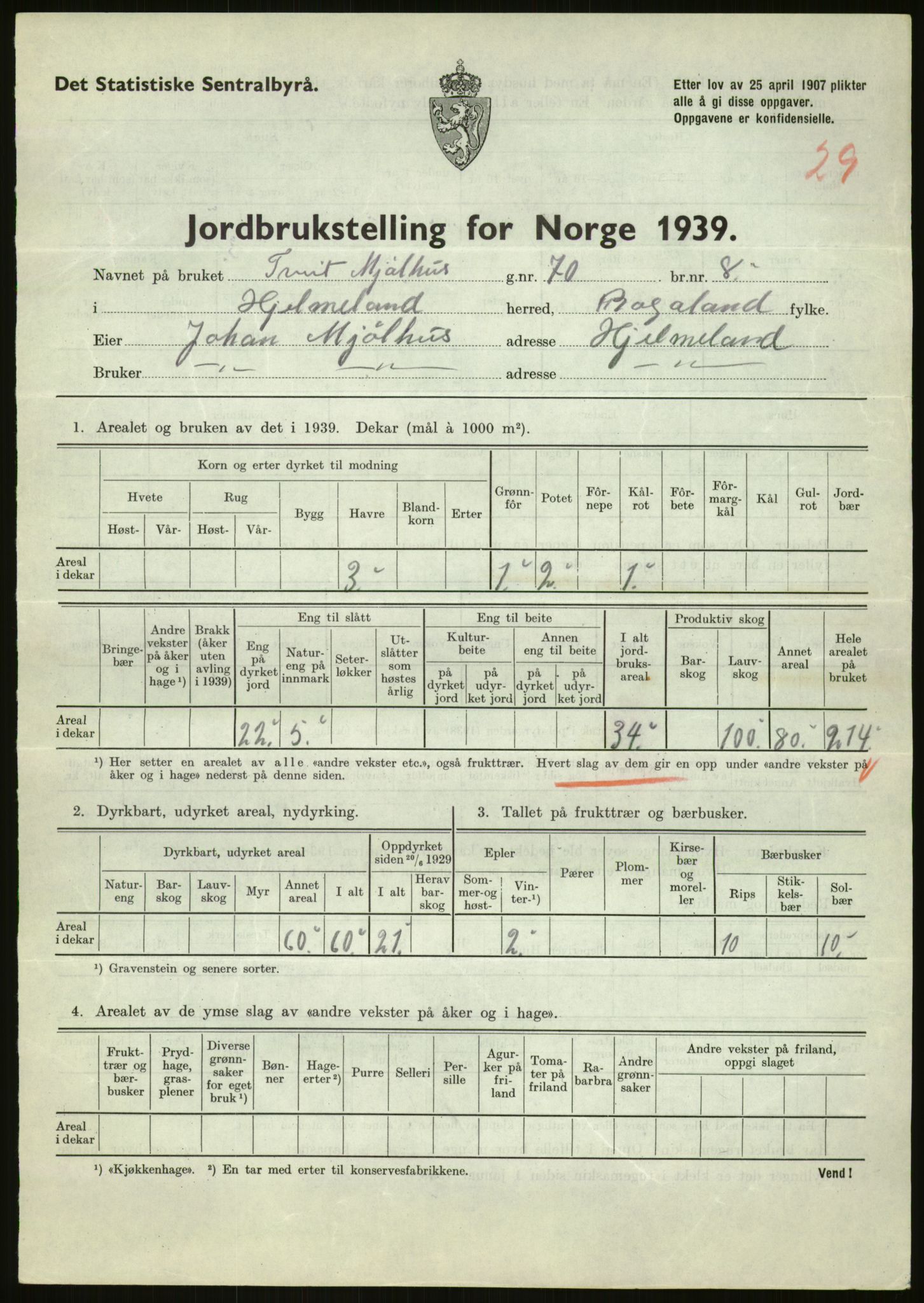 Statistisk sentralbyrå, Næringsøkonomiske emner, Jordbruk, skogbruk, jakt, fiske og fangst, AV/RA-S-2234/G/Gb/L0184: Rogaland: Årdal, Fister og Hjelmeland, 1939, p. 1283