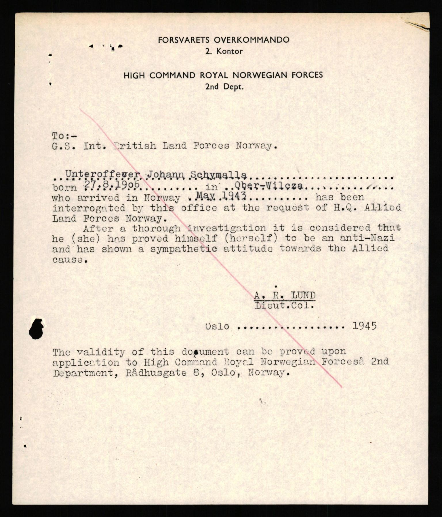 Forsvaret, Forsvarets overkommando II, RA/RAFA-3915/D/Db/L0031: CI Questionaires. Tyske okkupasjonsstyrker i Norge. Tyskere., 1945-1946, p. 260