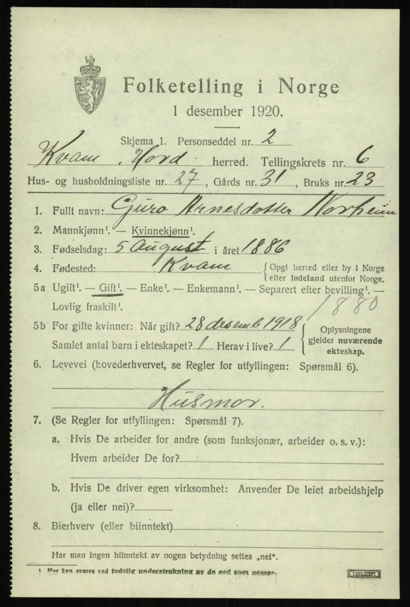 SAB, 1920 census for Kvam, 1920, p. 4671