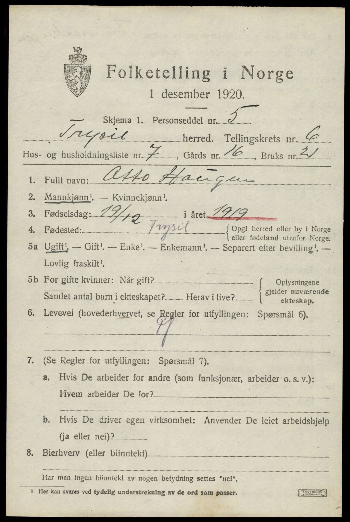 SAH, 1920 census for Trysil, 1920, p. 4609