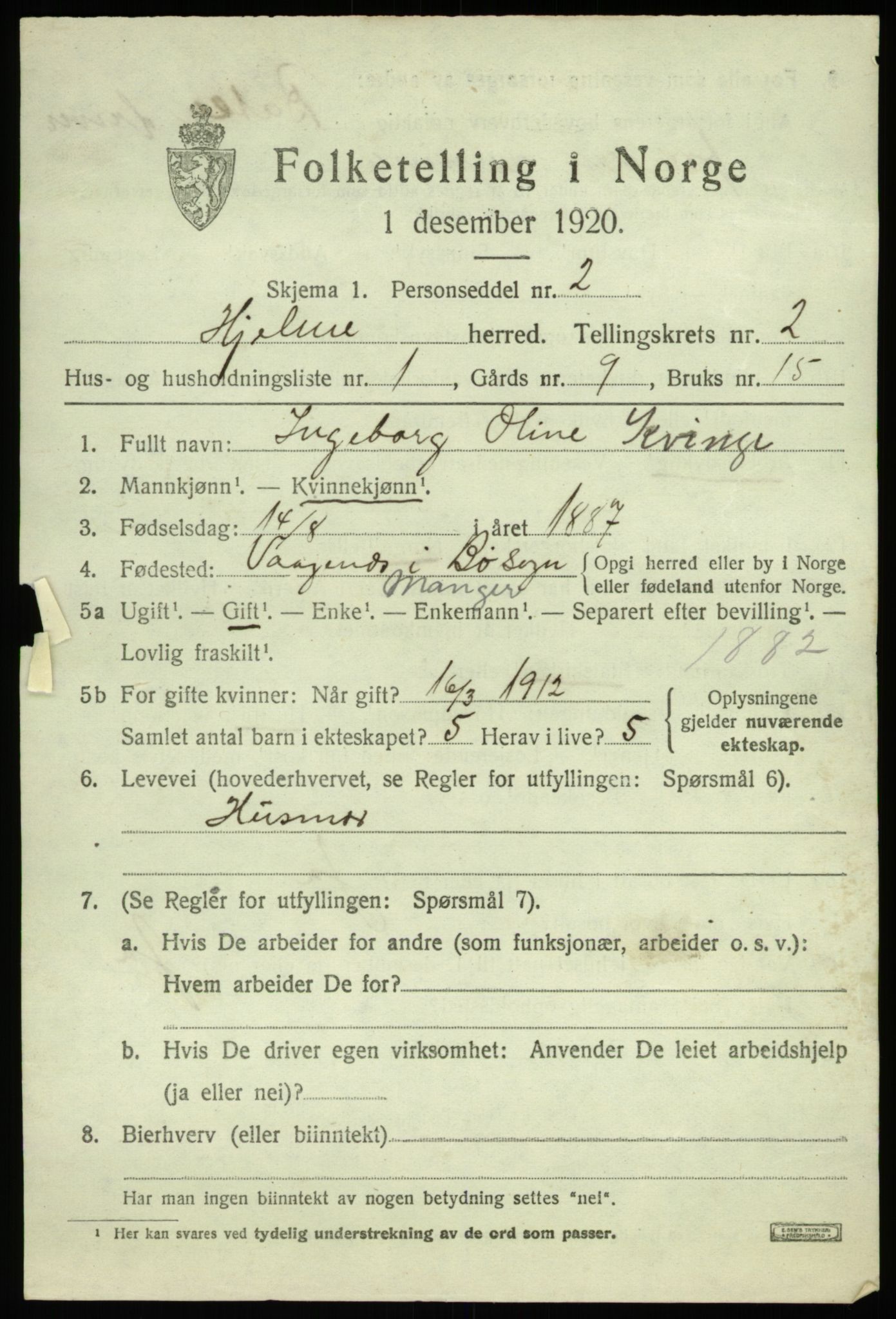 SAB, 1920 census for Hjelme, 1920, p. 1074