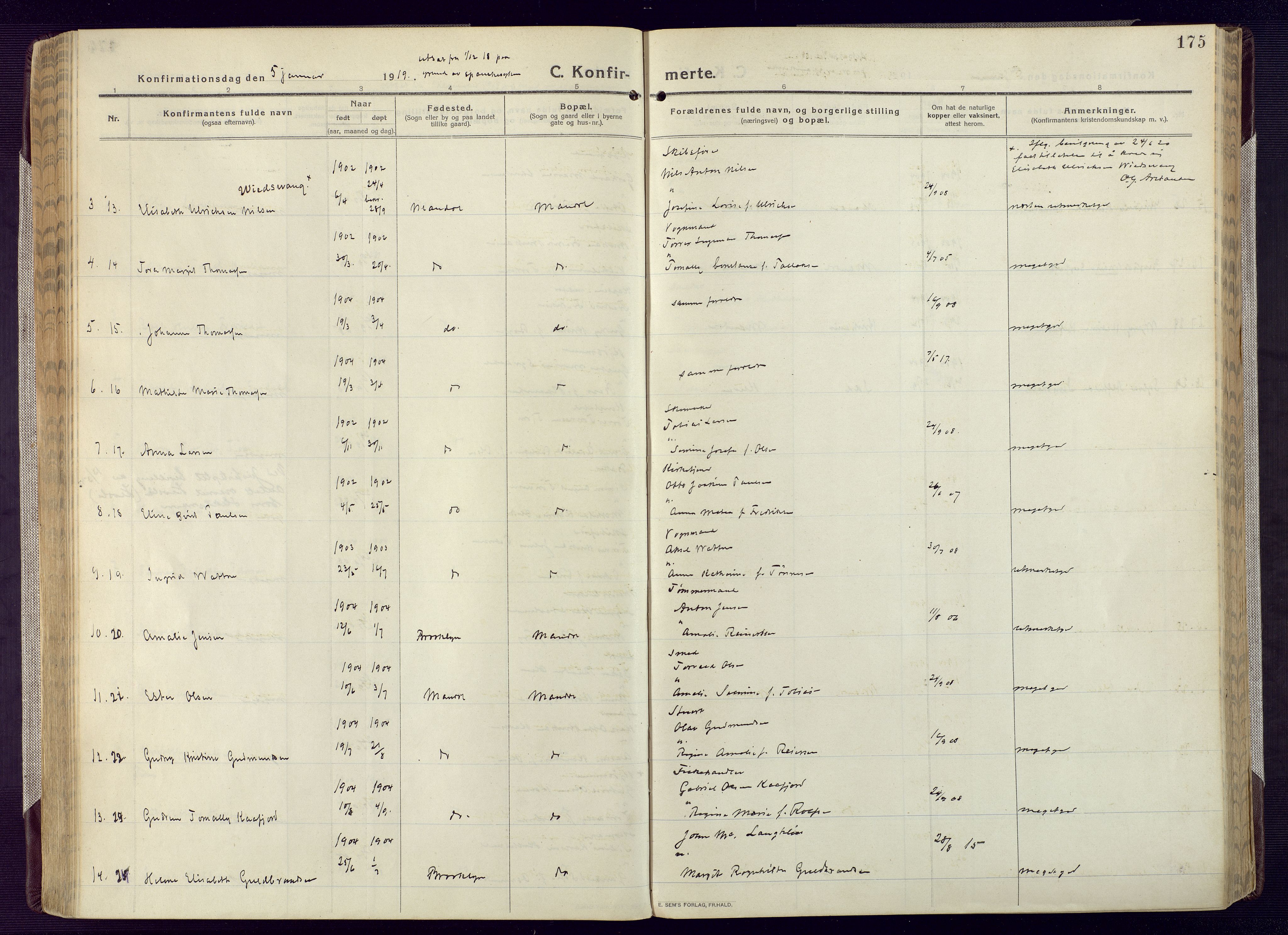 Mandal sokneprestkontor, AV/SAK-1111-0030/F/Fa/Fac/L0001: Parish register (official) no. A 1, 1913-1925, p. 175