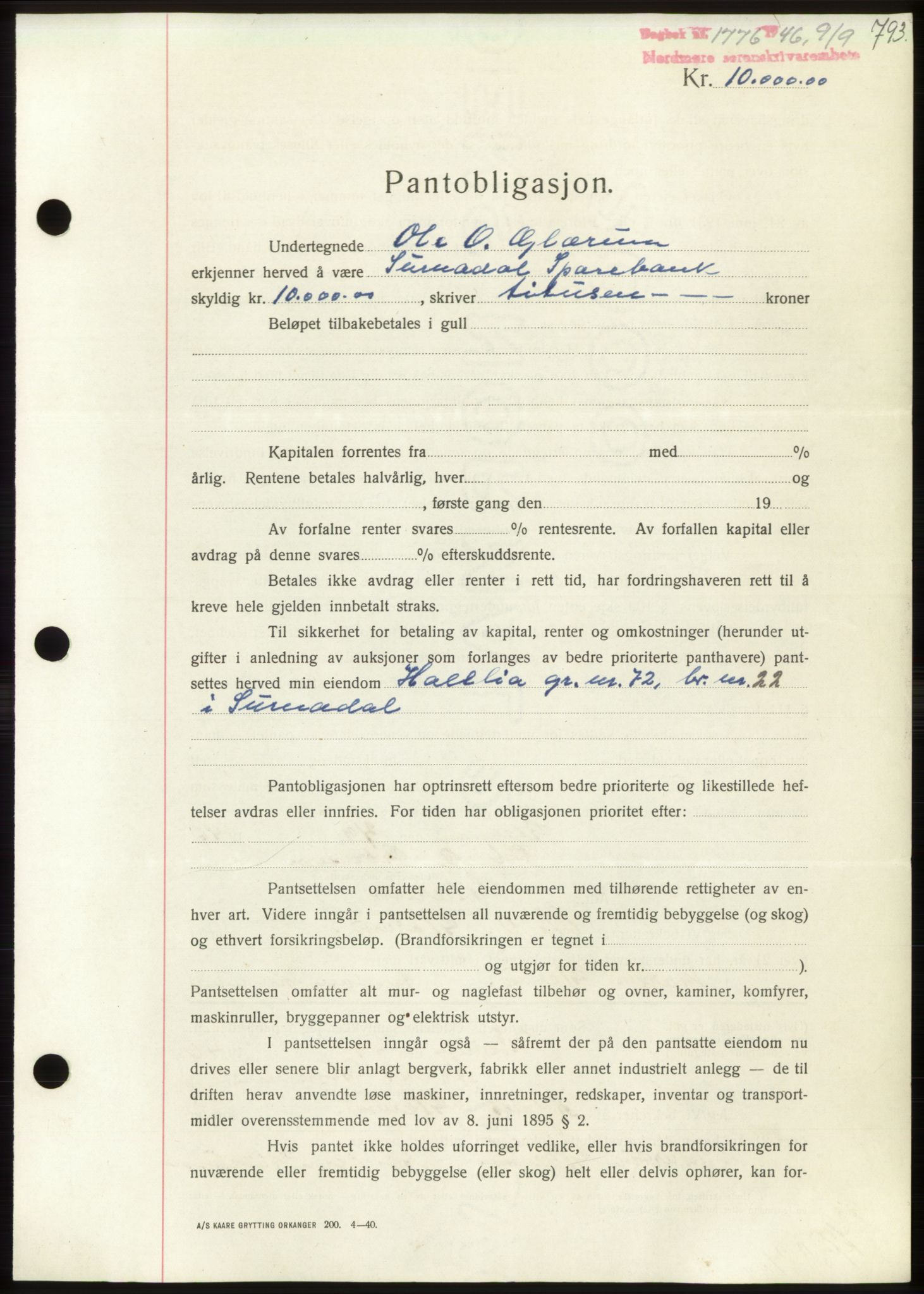 Nordmøre sorenskriveri, AV/SAT-A-4132/1/2/2Ca: Mortgage book no. B94, 1946-1946, Diary no: : 1776/1946