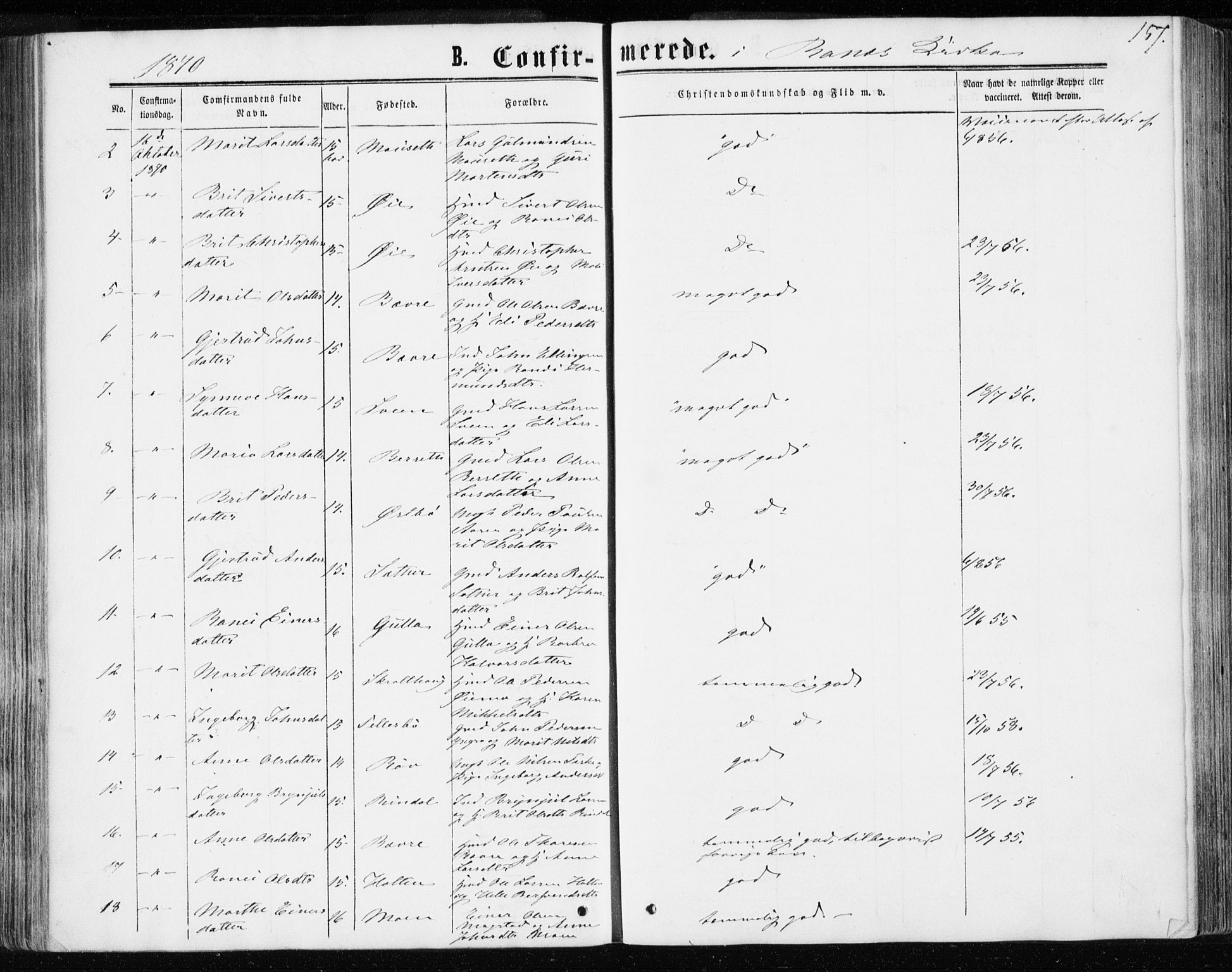 Ministerialprotokoller, klokkerbøker og fødselsregistre - Møre og Romsdal, SAT/A-1454/595/L1045: Parish register (official) no. 595A07, 1863-1873, p. 157