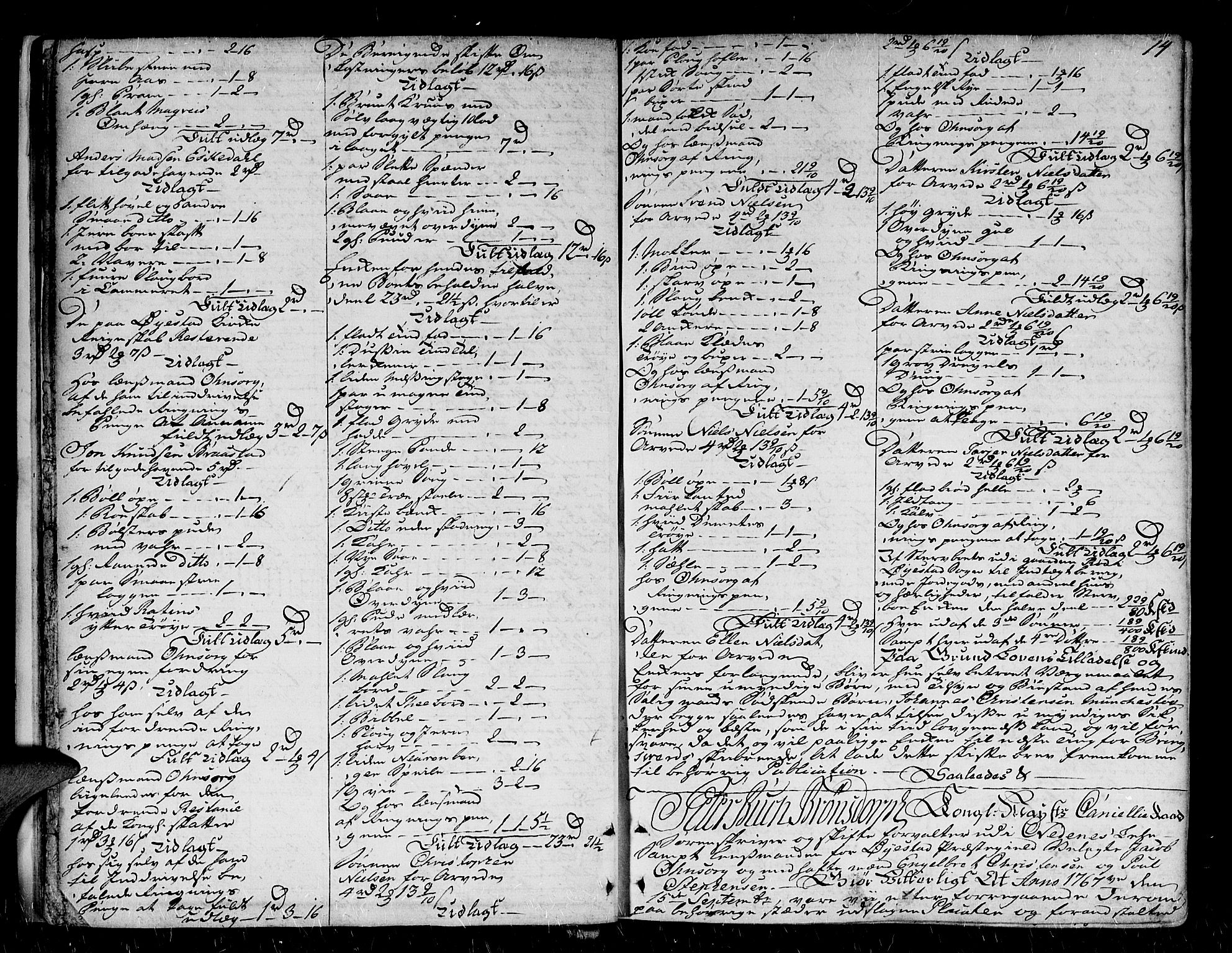 Nedenes sorenskriveri før 1824, AV/SAK-1221-0007/H/Hc/L0033: Skifteprotokoll med register nr 22a, 1767-1772, p. 13b-14a