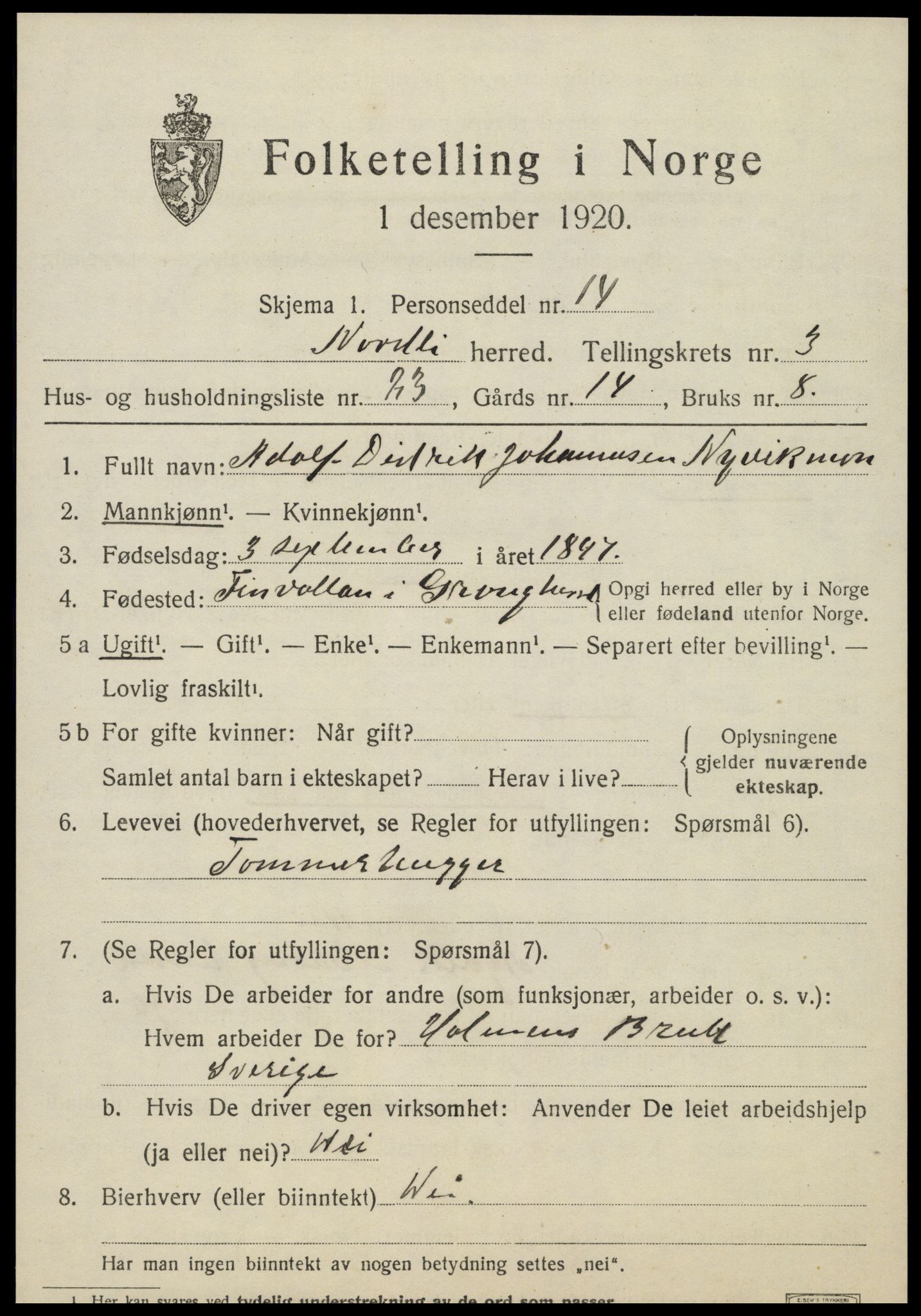 SAT, 1920 census for Nordli, 1920, p. 1649