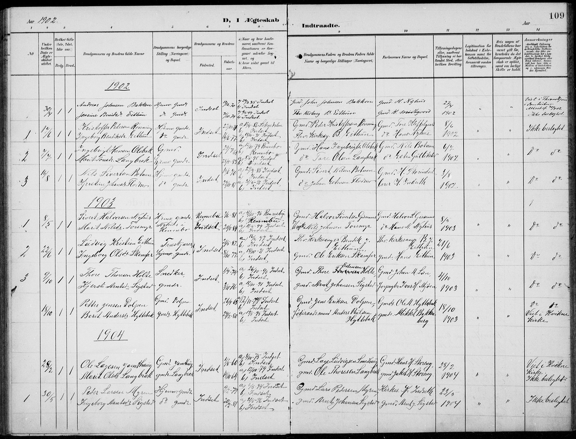 Kvikne prestekontor, AV/SAH-PREST-064/H/Ha/Hab/L0004: Parish register (copy) no. 4, 1902-1937, p. 109