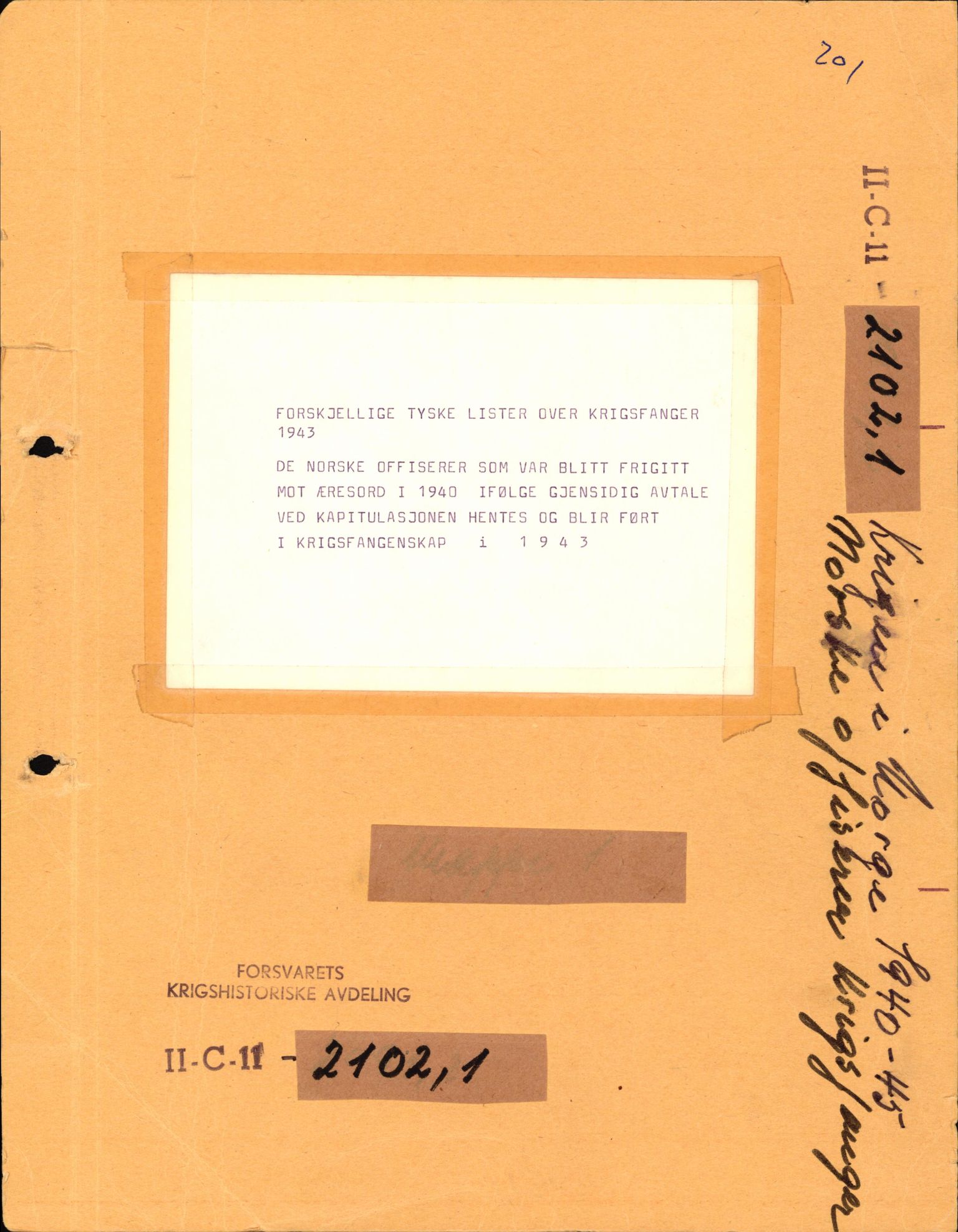 Forsvaret, Forsvarets krigshistoriske avdeling, RA/RAFA-2017/Y/Yf/L0201: II-C-11-2102  -  Norske offiserer i krigsfangenskap, 1940-1945, p. 1