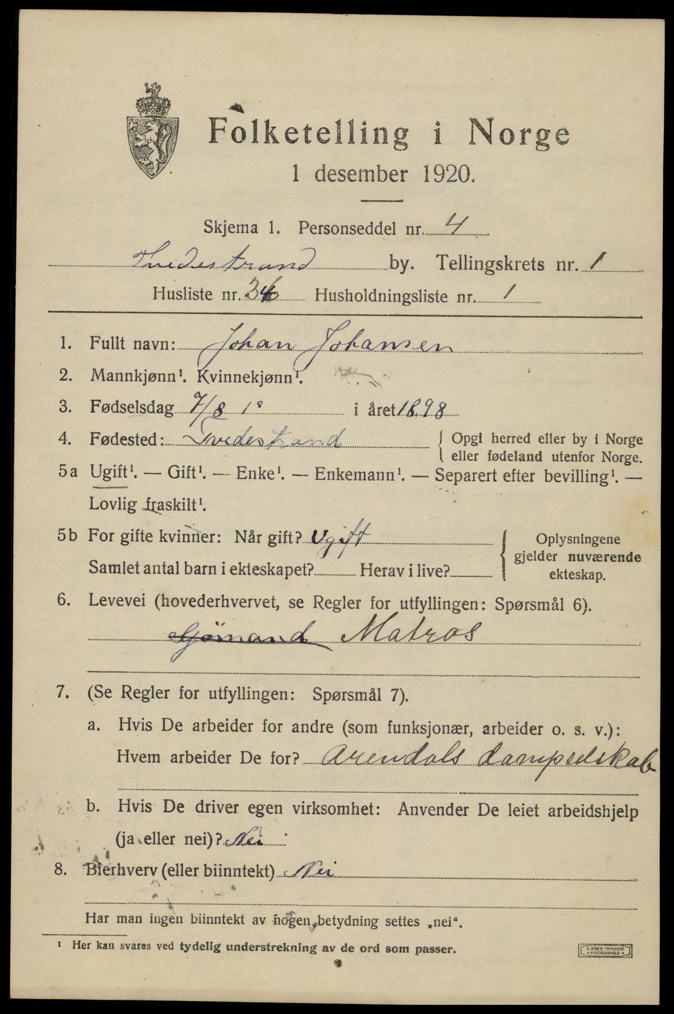 SAK, 1920 census for Tvedestrand, 1920, p. 1687