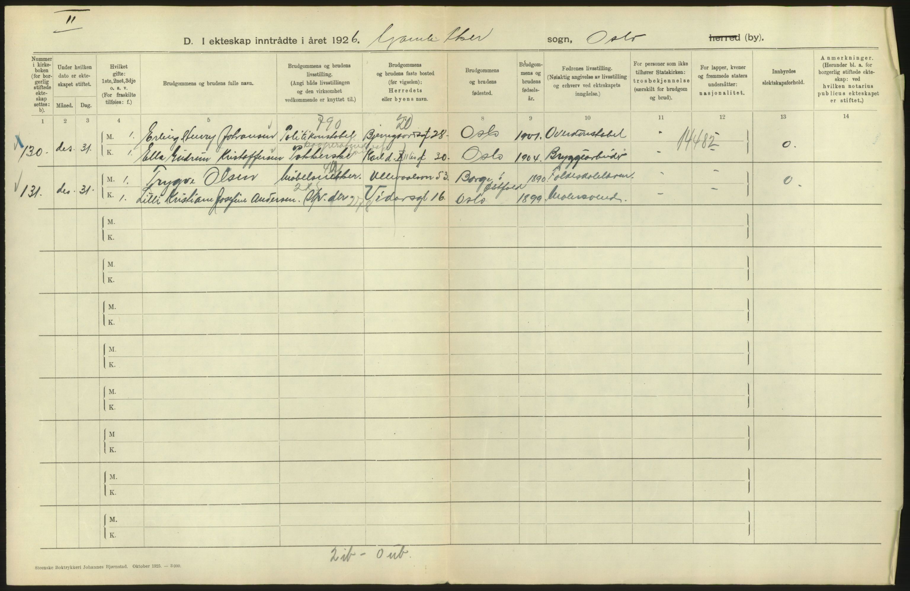 Statistisk sentralbyrå, Sosiodemografiske emner, Befolkning, AV/RA-S-2228/D/Df/Dfc/Dfcf/L0008: Oslo: Gifte, 1926, p. 360