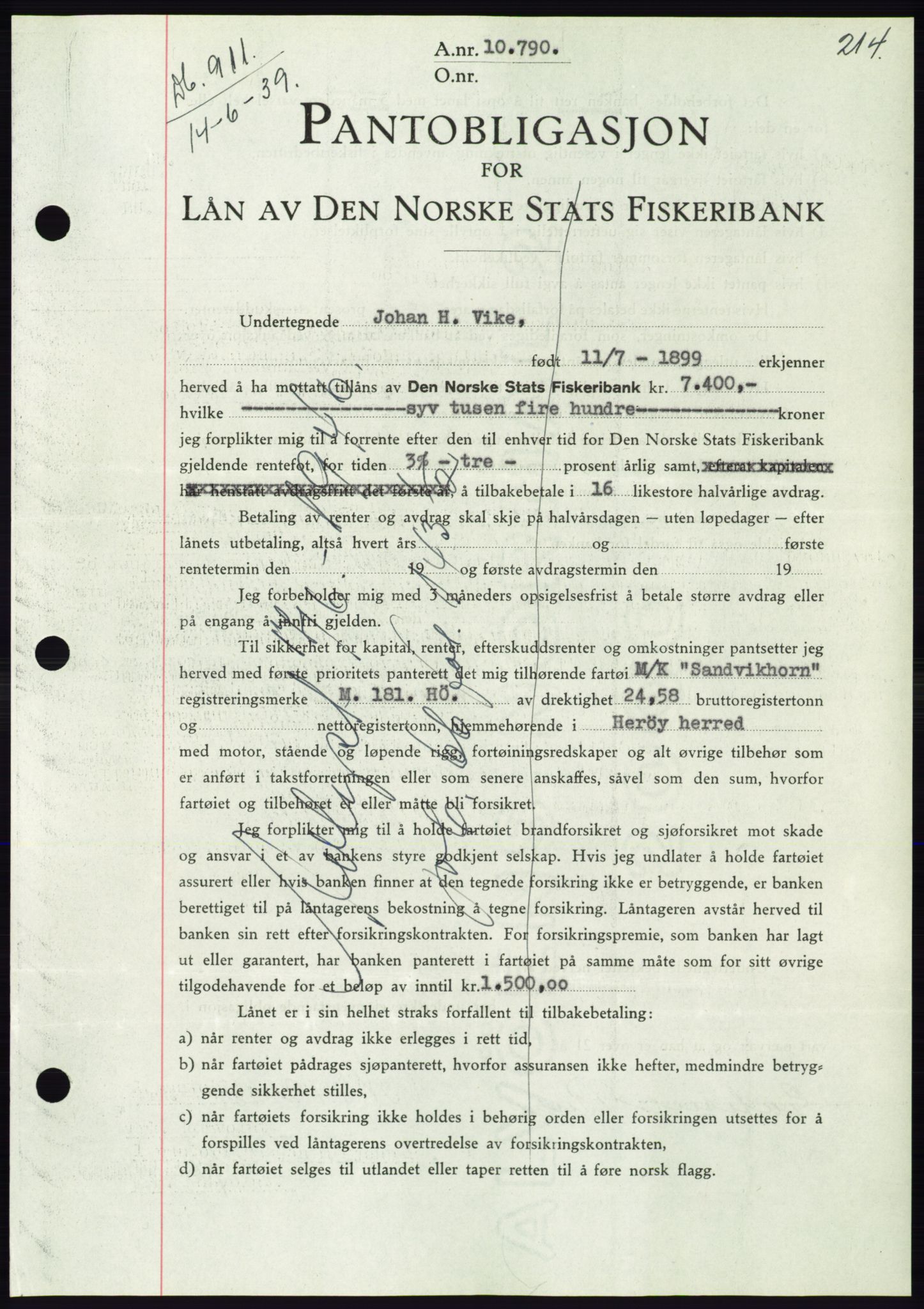 Søre Sunnmøre sorenskriveri, AV/SAT-A-4122/1/2/2C/L0068: Mortgage book no. 62, 1939-1939, Diary no: : 911/1939