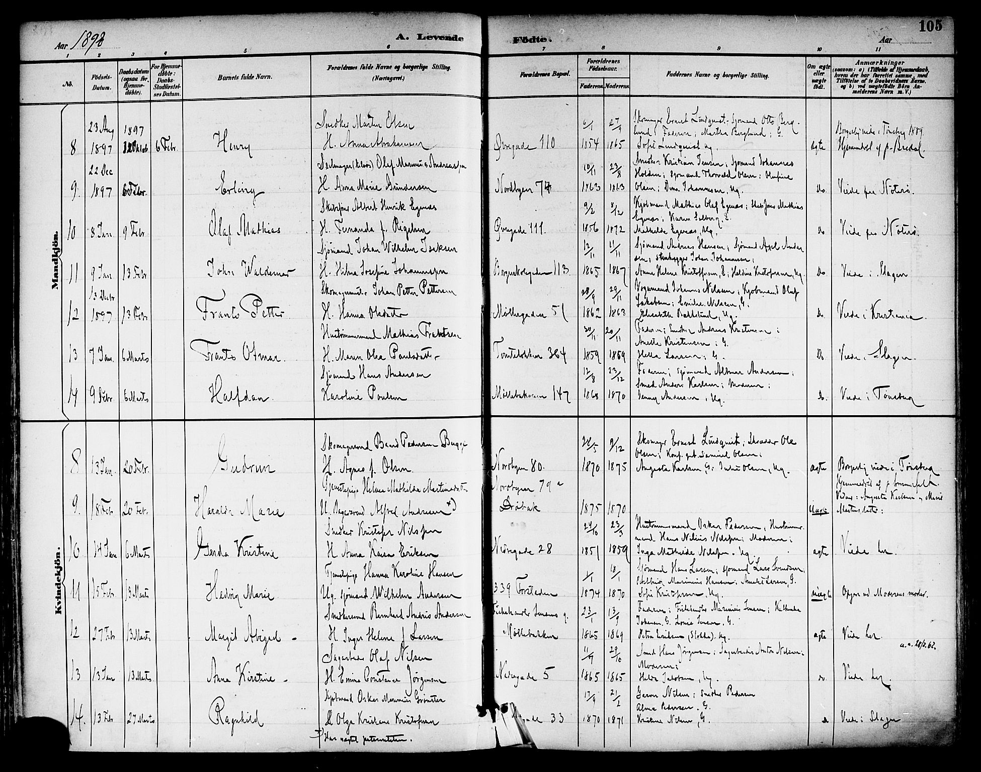 Tønsberg kirkebøker, AV/SAKO-A-330/F/Fa/L0012: Parish register (official) no. I 12, 1891-1899, p. 105