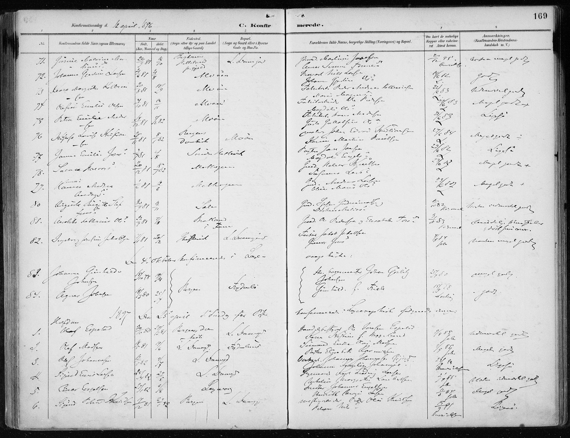 Askøy Sokneprestembete, SAB/A-74101/H/Ha/Haa/Haae/L0003: Parish register (official) no. E 3, 1891-1903, p. 169