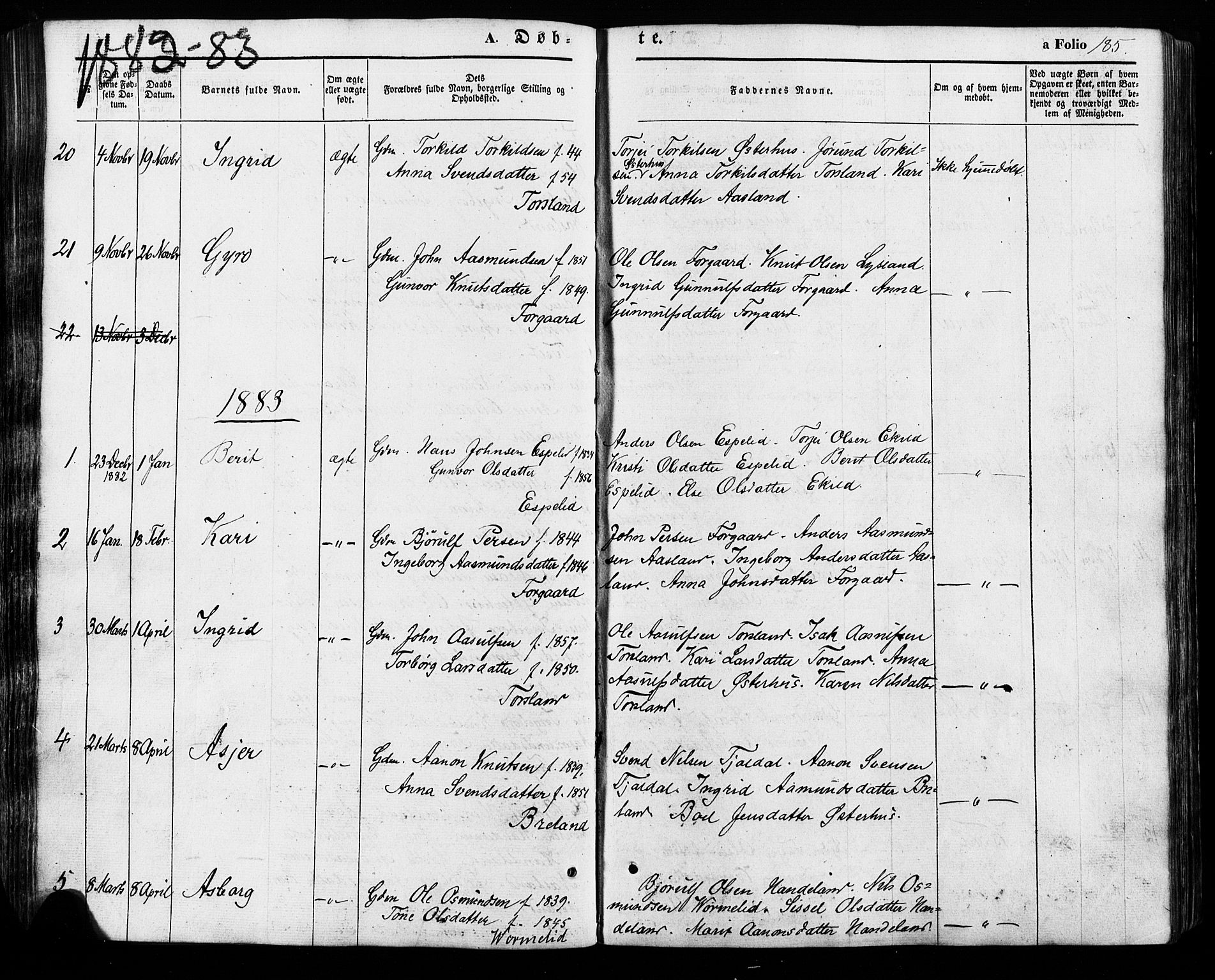 Åseral sokneprestkontor, SAK/1111-0051/F/Fa/L0002: Parish register (official) no. A 2, 1854-1884, p. 185
