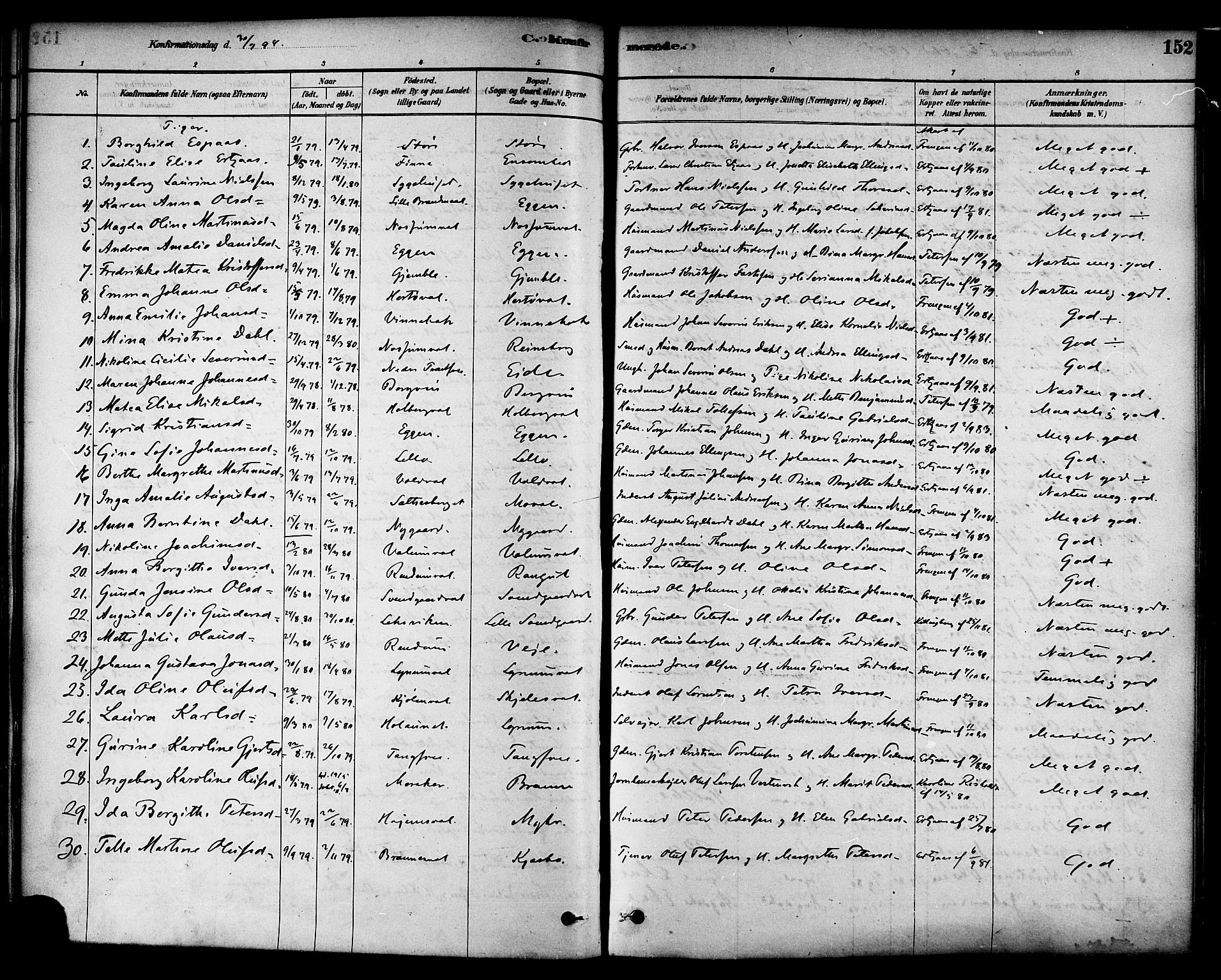 Ministerialprotokoller, klokkerbøker og fødselsregistre - Nord-Trøndelag, AV/SAT-A-1458/717/L0159: Parish register (official) no. 717A09, 1878-1898, p. 152