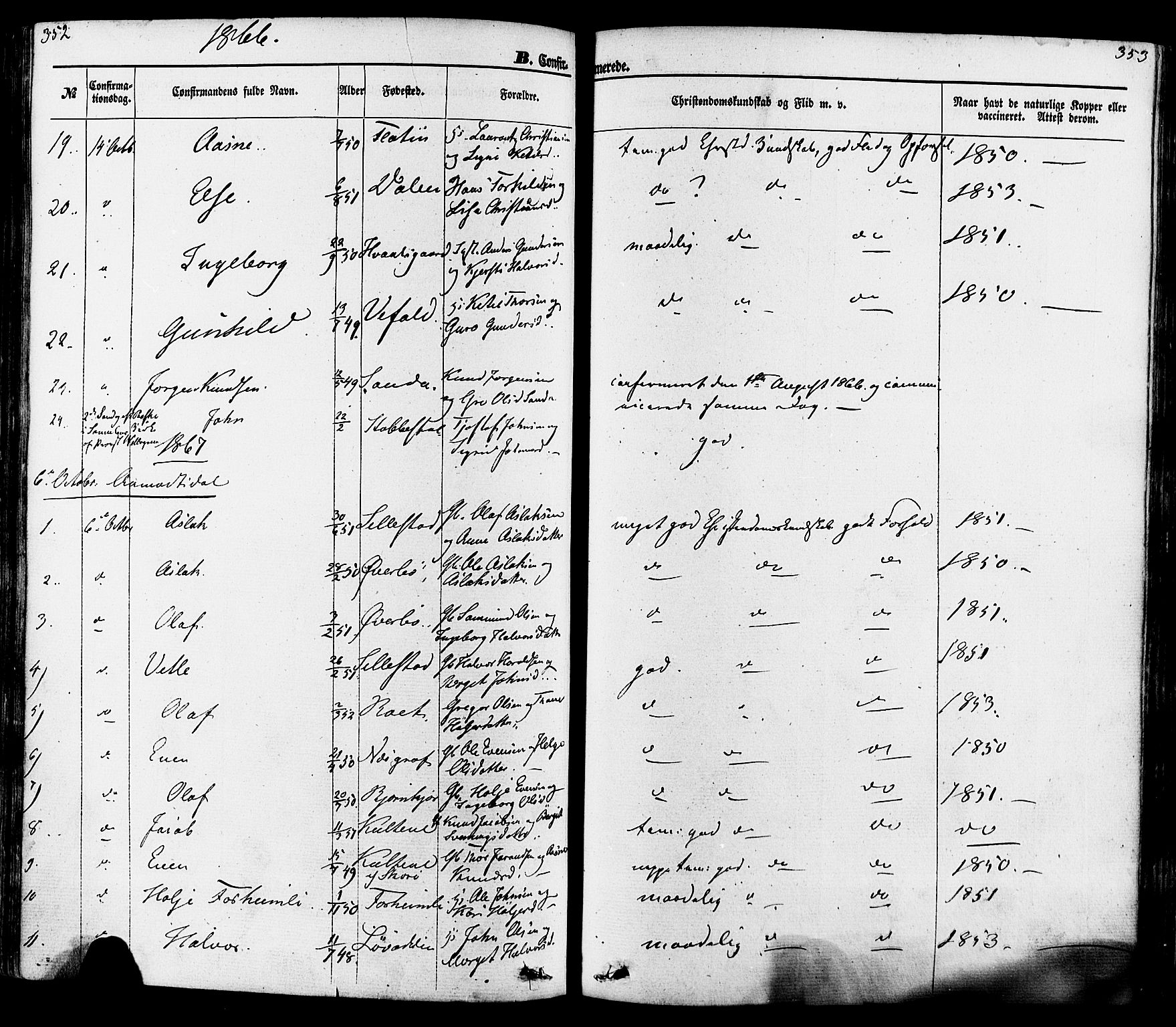Seljord kirkebøker, SAKO/A-20/F/Fa/L0013: Parish register (official) no. I 13, 1866-1876, p. 352-353