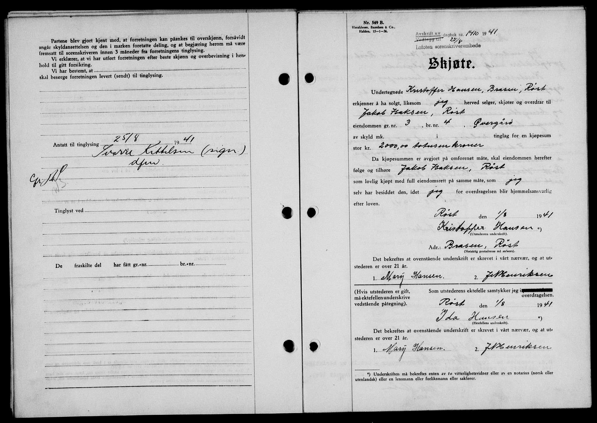 Lofoten sorenskriveri, SAT/A-0017/1/2/2C/L0008a: Mortgage book no. 8a, 1940-1941, Diary no: : 1410/1941