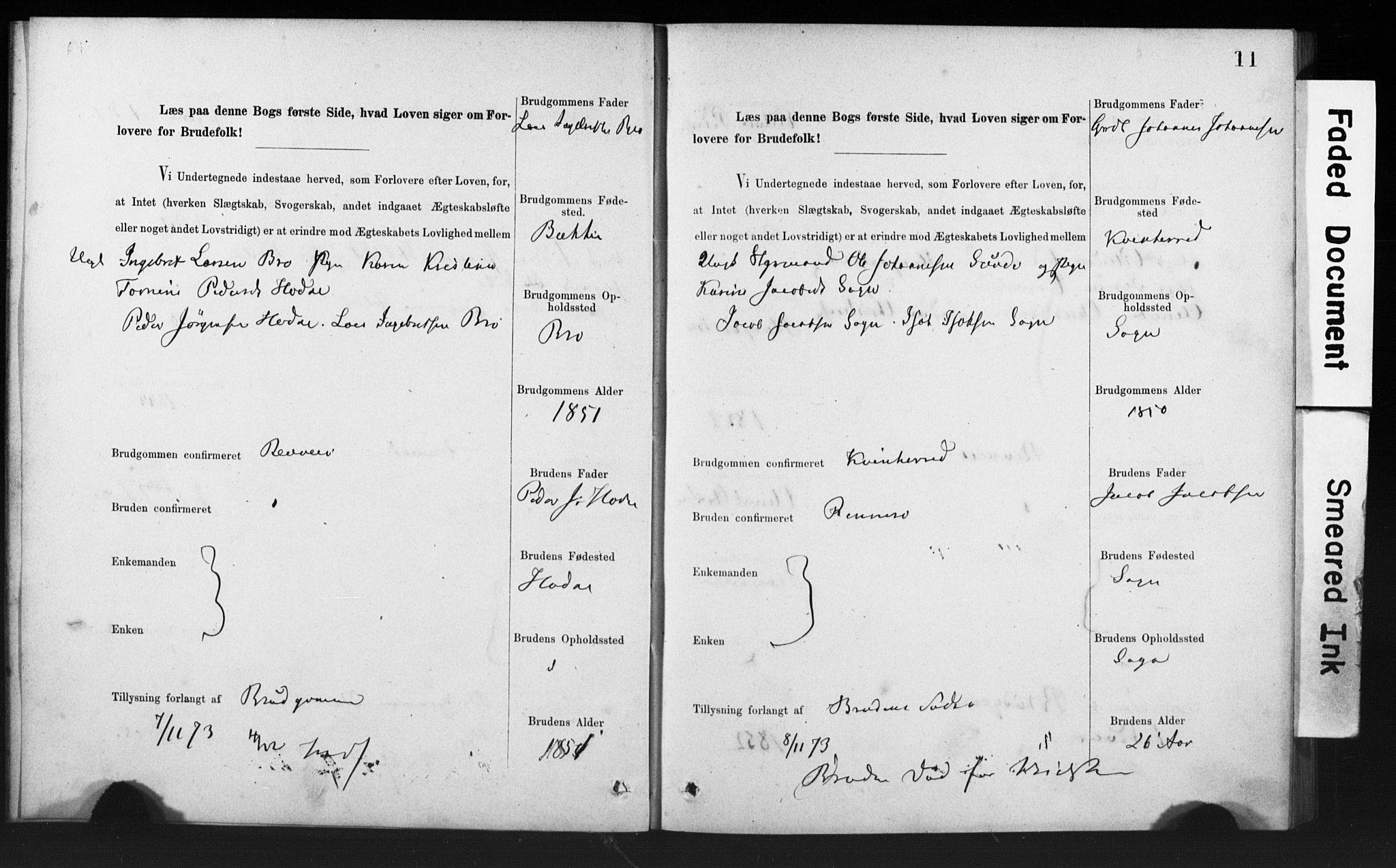 Rennesøy sokneprestkontor, SAST/A -101827/I/Ie/L0001: Banns register no. 1, 1873-1898, p. 11