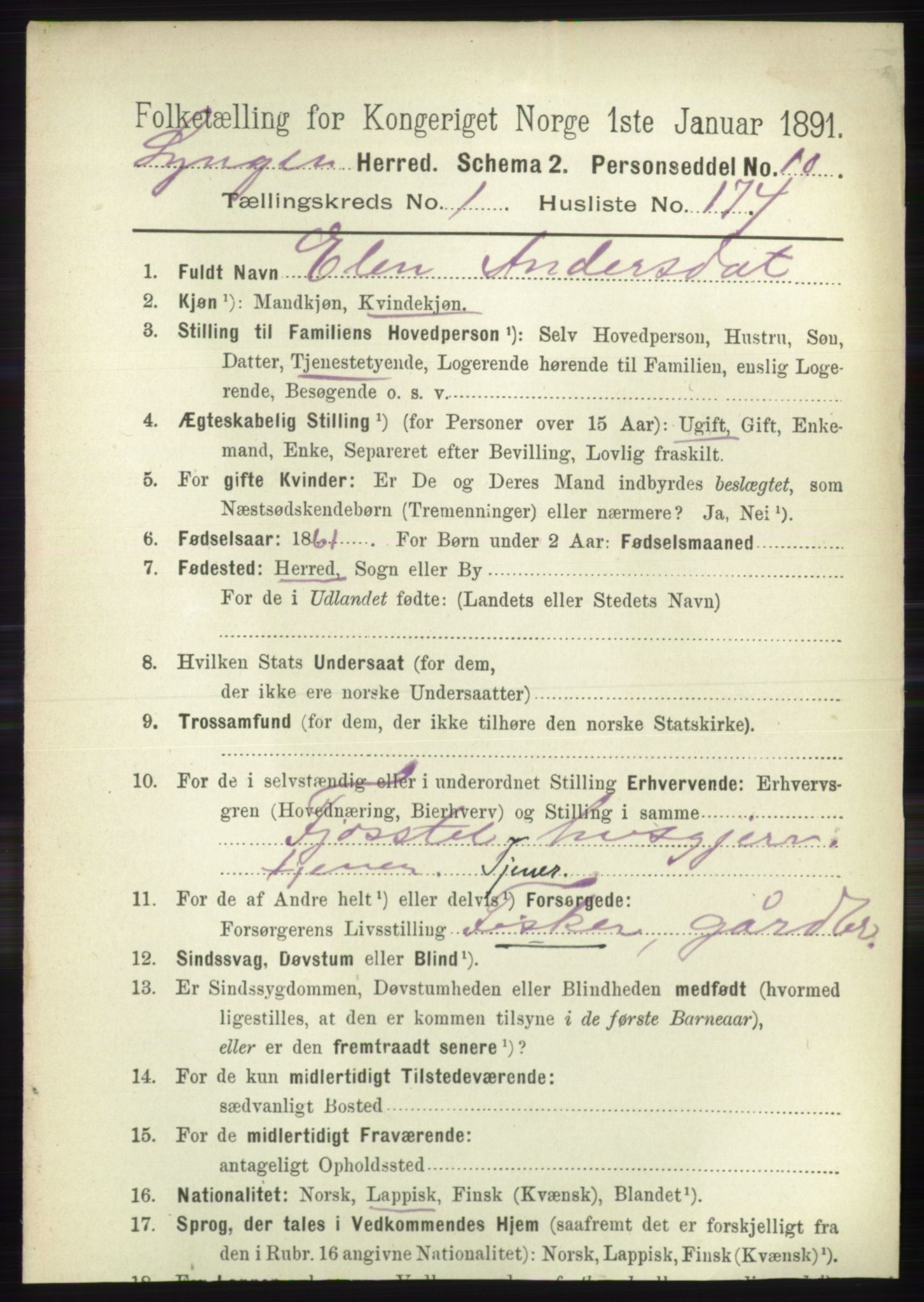 RA, 1891 census for 1938 Lyngen, 1891, p. 1429