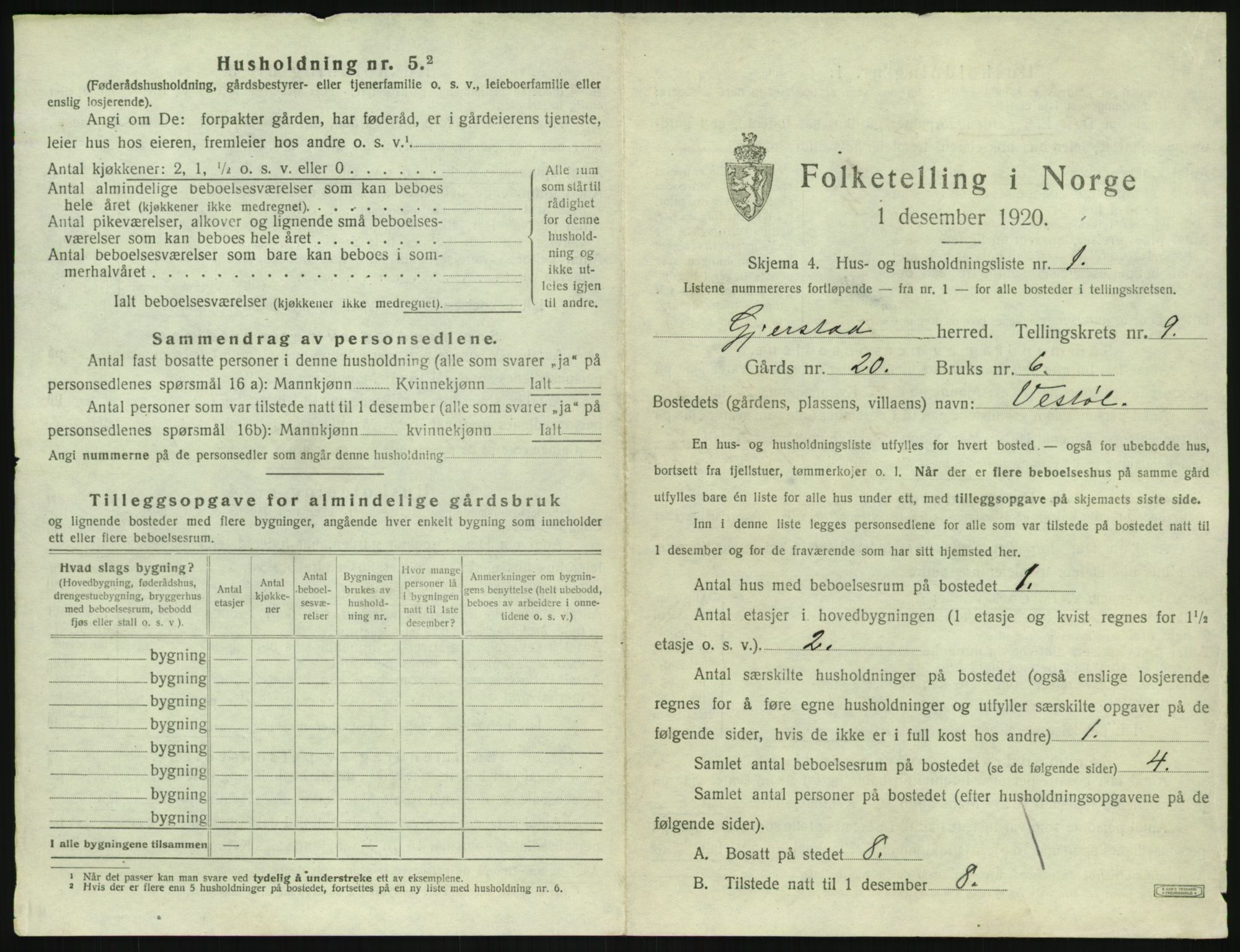 SAK, 1920 census for Gjerstad, 1920, p. 895