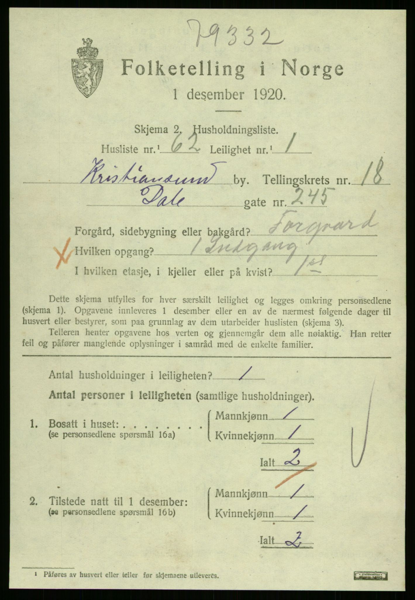 SAT, 1920 census for Kristiansund, 1920, p. 175