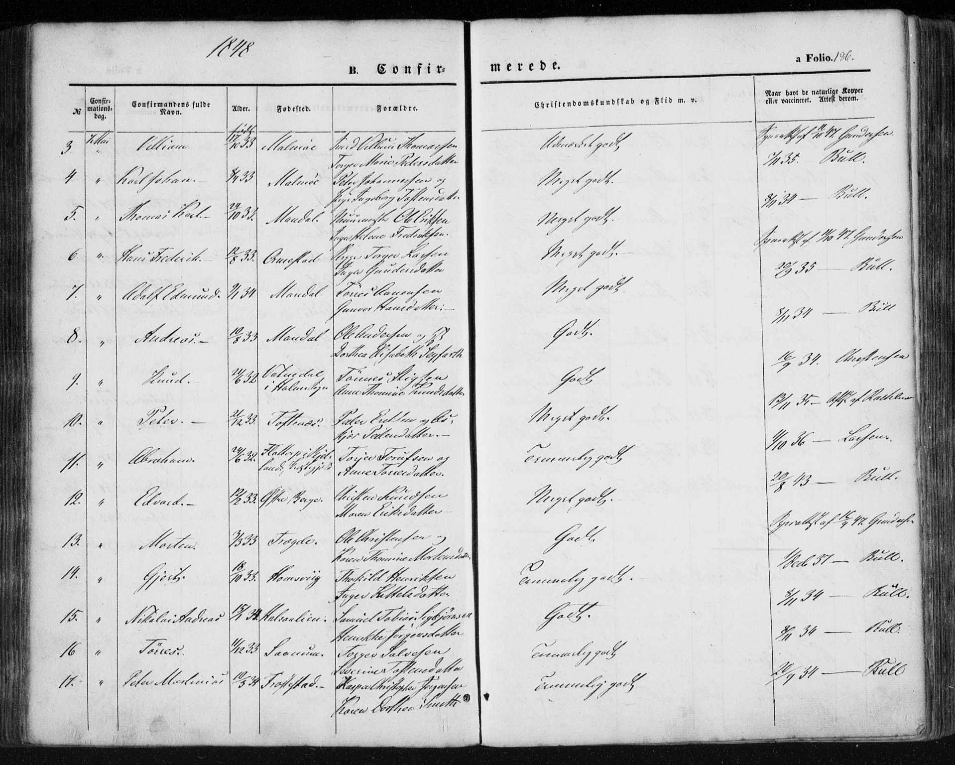 Mandal sokneprestkontor, SAK/1111-0030/F/Fa/Faa/L0013: Parish register (official) no. A 13, 1847-1859, p. 186