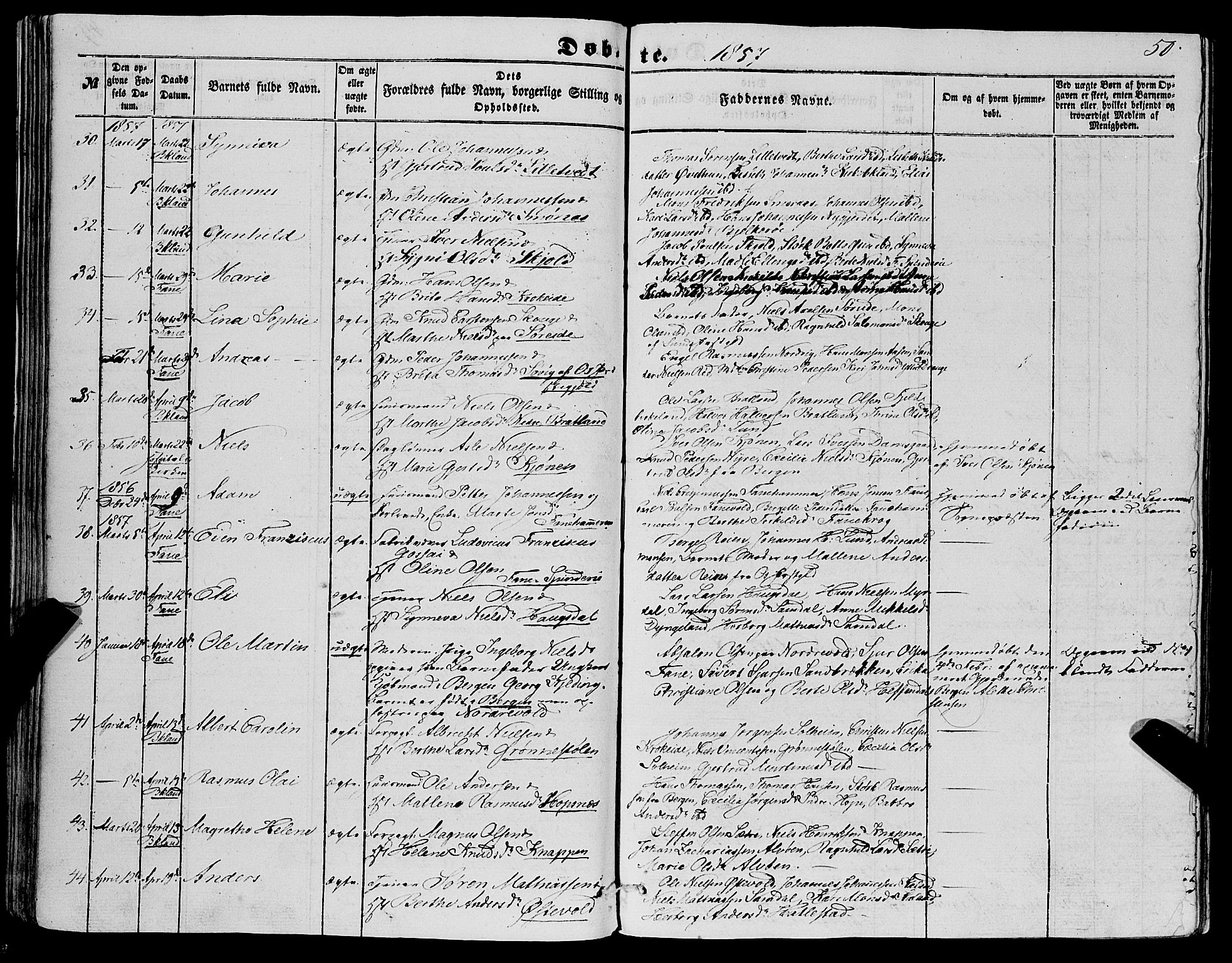 Fana Sokneprestembete, SAB/A-75101/H/Haa/Haaa/L0011: Parish register (official) no. A 11, 1851-1862, p. 50