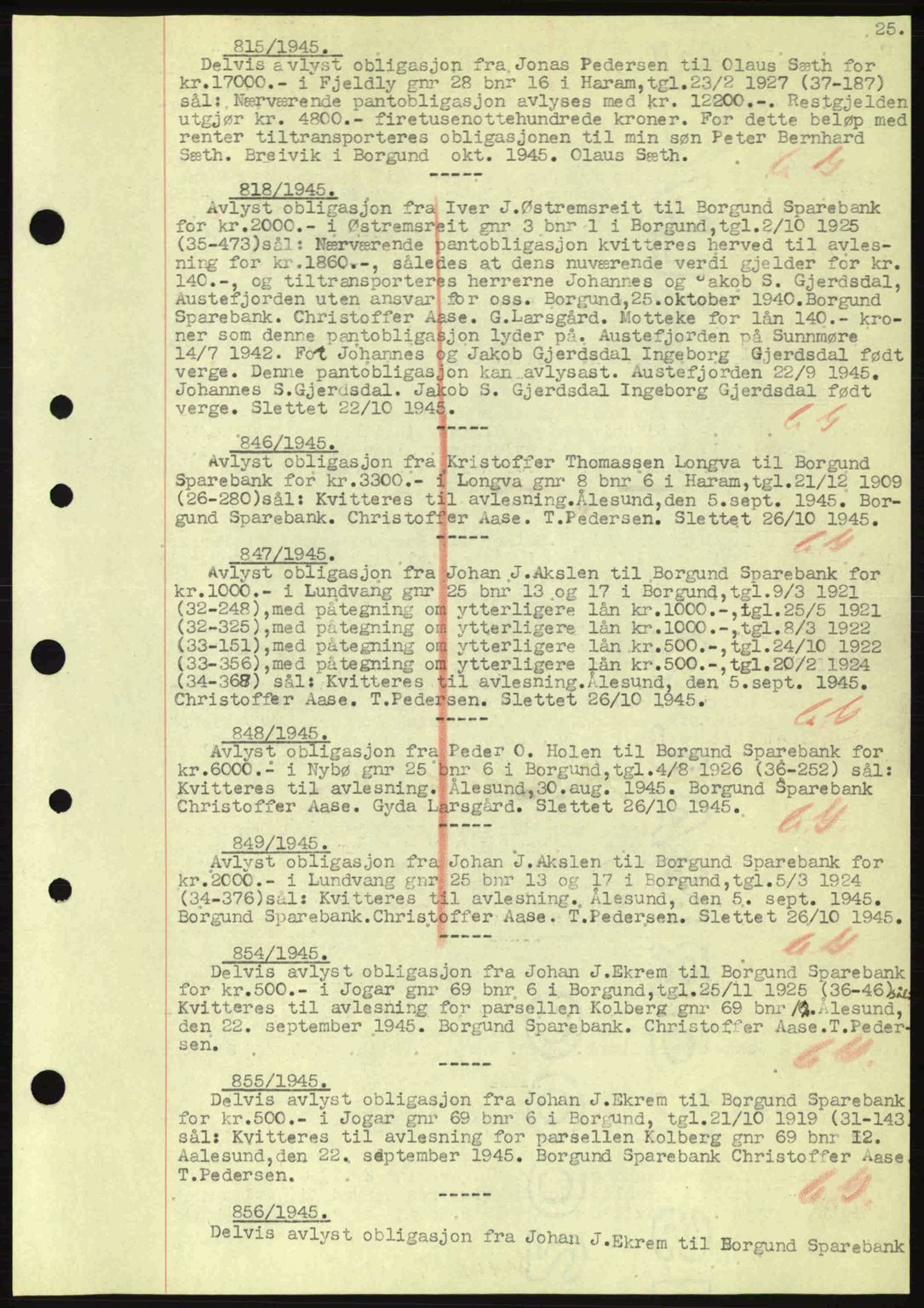 Nordre Sunnmøre sorenskriveri, SAT/A-0006/1/2/2C/2Ca: Mortgage book no. B6-14 a, 1942-1945, Diary no: : 815/1945