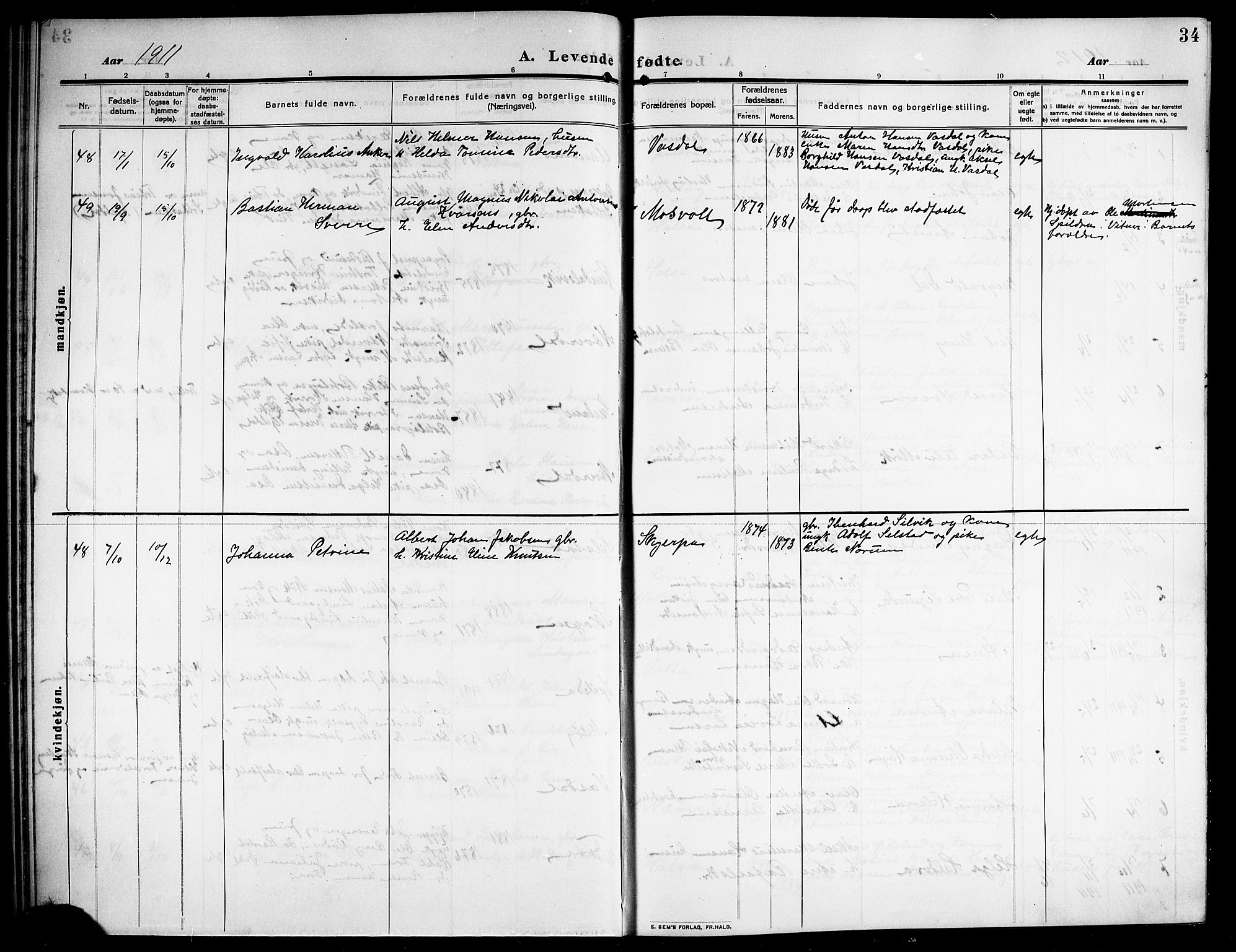 Ministerialprotokoller, klokkerbøker og fødselsregistre - Nordland, AV/SAT-A-1459/843/L0639: Parish register (copy) no. 843C08, 1908-1924, p. 34